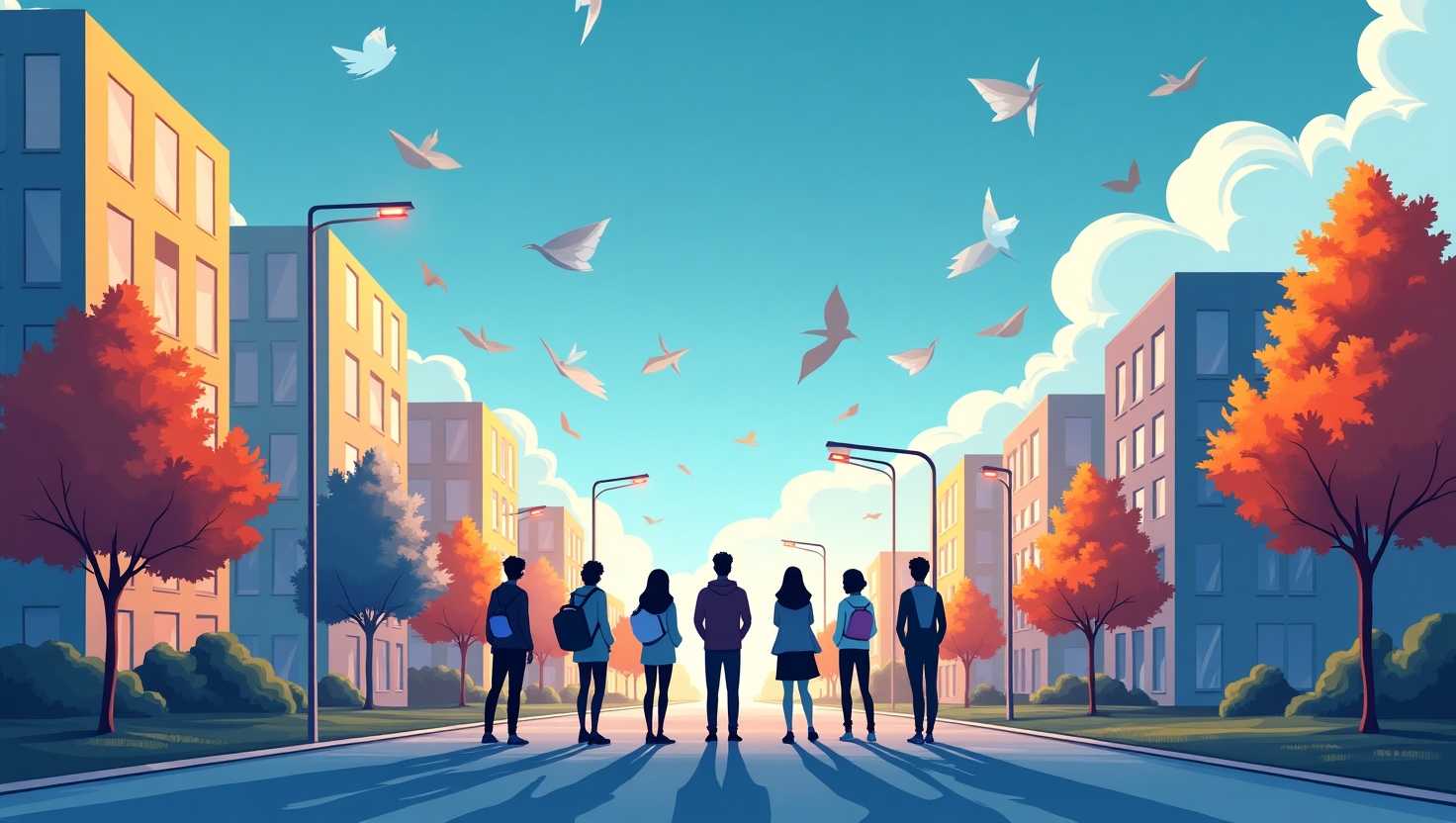 Illustration d'un paysage urbain moderne en style digital art épuré, représentant un groupe d'adolescents avec des appareils numériques stoppés ou en retrait, entouré d'icônes de réseaux sociaux barrés ou en suspension, sous un ciel dramatique et symbolique. L'ambiance est sérieuse mais claire, illustrant la tension entre jeunesse, technologie et réglementation. La palette de couleurs doit s'inspirer de celle de FeedMaker (#54387D, #3E408D, #3C579D, #47C0B4, #58A17B, #80D07E, #A5DA6F, #E1A65F, #EFCA5E, #EBE263). Style graphique : illustration numérique avec un rendu moderne et professionnel, en format paysage, pour souligner le débat législatif et l’impact pour l’écosystème digital, avec une composition équilibrée visant à représenter la jeunesse, la régulation et l’avenir numérique.