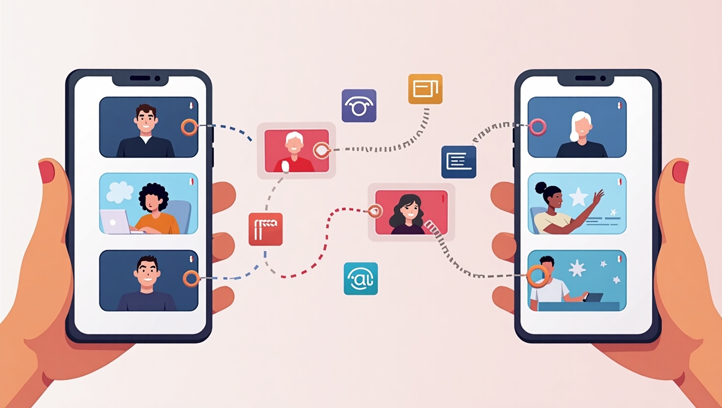 Illustration d'une interface moderne et dynamique d'Instagram affichant une série de Reels en chaîne, avec des clips vidéos connectés par des flèches racontant une histoire ou un tutoriel, dans un style flat design coloré, représentant l'évolution du contenu vidéo sur les réseaux sociaux, ambiance innovante et engageante, couleurs inspirées de la palette FeedMaker (#54387D, #3E408D, #3C579D, #47C0B4, #58A17B, #80D07E, #A5DA6F, #E1A65F, #EFCA5E, #EBE263), format carré pour une conception claire et orientée social media.