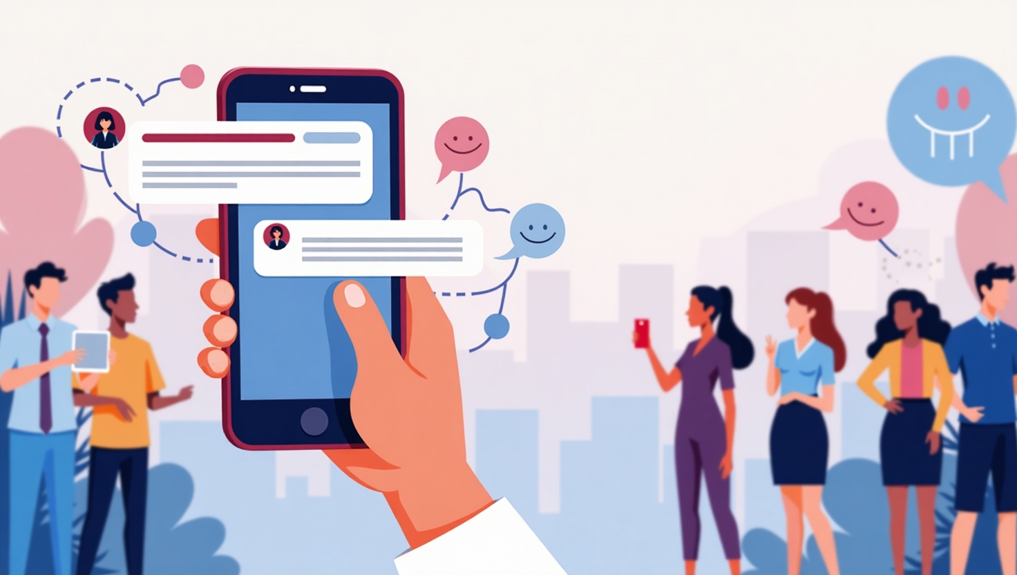 Illustration d'une scène moderne et dynamique représentant un smartphone affichant un commentaire sur une publication Instagram, avec un filtre anti-cyberharcèlement en action. La scène met en évidence une IA protectrice entourant le commentaire problématique, avec des éléments visuels symbolisant la détection contextuelle, tels que des bulles ou des lignes de flux de donnée en style digital. En arrière-plan, on voit une communauté d'utilisateurs diversifiés, des créateurs de contenu et des jeunes, tous rassurés par cette nouvelle protection. L’ambiance est à la fois optimiste et technologique, avec un style graphique épuré et professionnel, en flat design, utilisant une palette de couleurs inspirée de FeedMaker (#54387D, #3E408D, #3C579D, #47C0B4, #58A17B, #80D07E, #A5DA6F, #E1A65F, #EFCA5E, #EBE263). Format carré pour une utilisation web ou blog.