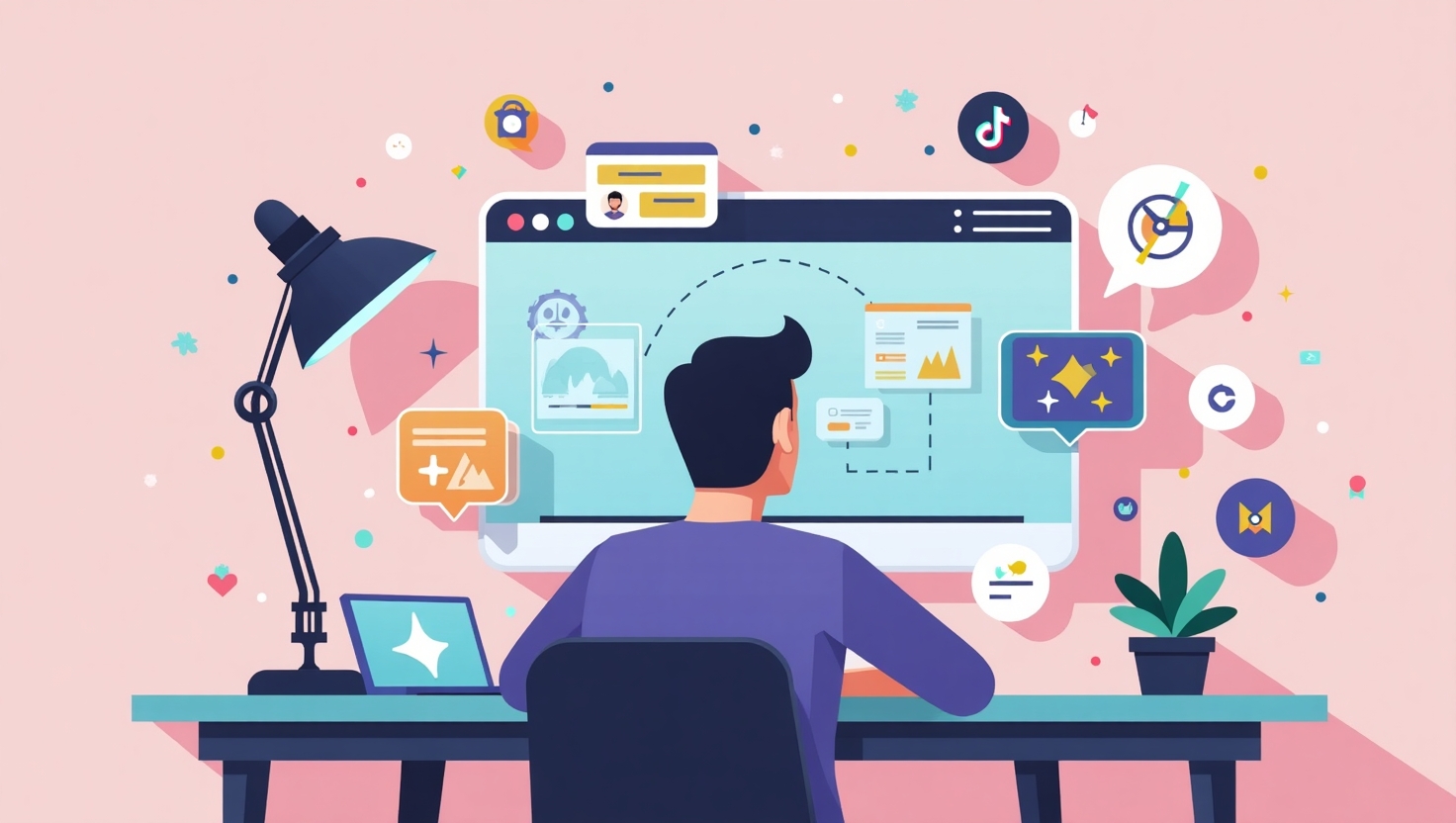 Illustration dynamique en flat design représentant un créateur de contenu assis devant un écran affichant des vidéos virales en 2025, entouré d'icônes de TikTok et Instagram Reels, avec des éléments graphiques montrant des montages rapides, des effets visuels modernes, et des symboles d'engagement tels que likes, commentaires et partages, dans une palette de couleurs inspirée de FeedMaker (#54387D, #3E408D, #3C579D, #47C0B4, #58A17B, #80D07E, #A5DA6F, #E1A65F, #EFCA5E, #EBE263), style moderne et pédagogique, emphasis sur la créativité, les tendances et la viralité, format carré.