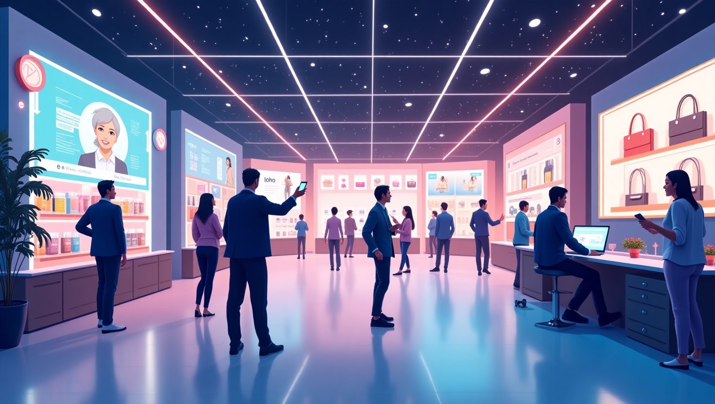 Social commerce 2025 : quand acheter devient un acte social Illustration dynamique en vue panoramique montrant un environnement social futuriste où des consommateurs, des créateurs et des marques interagissent dans un espace numérique intégré. Représenter des smartphones, des écrans et des interfaces interactives affichant des boutiques sociales avec des fonctionnalités d'achat intégrées, des icônes de réseaux sociaux, ainsi que des créateurs influents en train de promouvoir des produits en live ou via des vidéos courts. L'ambiance doit être professionnelle, innovante et stratégique, avec une esthétique moderne et technologique. Utiliser une palette de couleurs inspirée de FeedMaker (#54387D, #3E408D, #3C579D, #47C0B4, #58A17B, #80D07E, #A5DA6F, #E1A65F, #EFCA5E, #EBE263), pour souligner la sophistication et l'expertise du sujet, dans un style illustration futuriste, clair et engageant, format paysage.