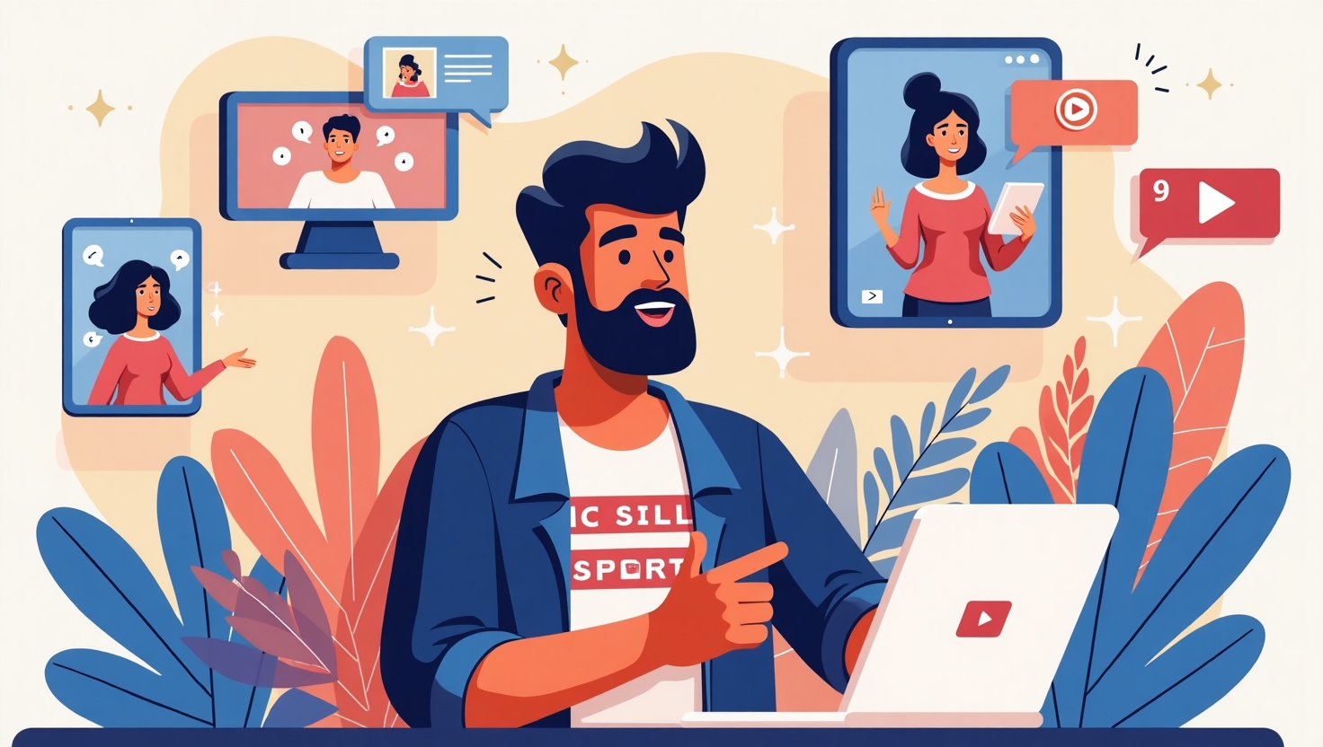 Comment maîtriser la création de vidéos courtes virales en 2026 Illustration dynamique et colorée en style moderne et flat design représentant un créateur de contenu entouré d'écrans de smartphones et tablettes affichant des vidéos courtes en vogue comme TikTok, Instagram Reels et YouTube Shorts, avec des éléments visuels évoquant la viralité, la spontanéité, et l'engagement, tels que des pouces levés, des cœurs et des commentaires animés, ambiance motivante et techno-futuriste, couleurs vibrantes inspirées de la palette FeedMaker (#54387D, #3E408D, #3C579D, #47C0B4, #58A17B, #80D07E, #A5DA6F, #E1A65F, #EFCA5E, #EBE263).