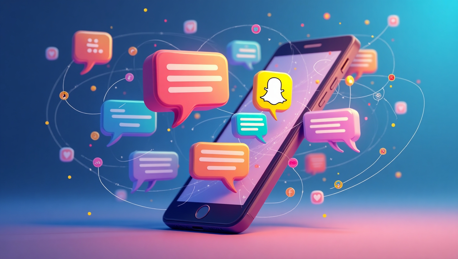 Snapchat intègre Perplexity IA : la révolution conversationnelle débarque sur les réseaux sociaux Illustration futuriste en flat design montrant un smartphone avec interface Snapchat, émanant des bulles de dialogue colorées et dynamiques contenant des questions et réponses conversationnelles, intégrant des éléments technologiques représentatifs de l'intelligence artificielle telles que des circuits ou des réseaux neuronaux stylisés, avec une ambiance moderne, ludique et social, couleurs vives inspirées de la palette FeedMaker (#54387D, #3E408D, #3C579D, #47C0B4, #58A17B, #80D07E, #A5DA6F, #E1A65F, #EFCA5E, #EBE263), style illustration numérique claire et engageante, format paysage.