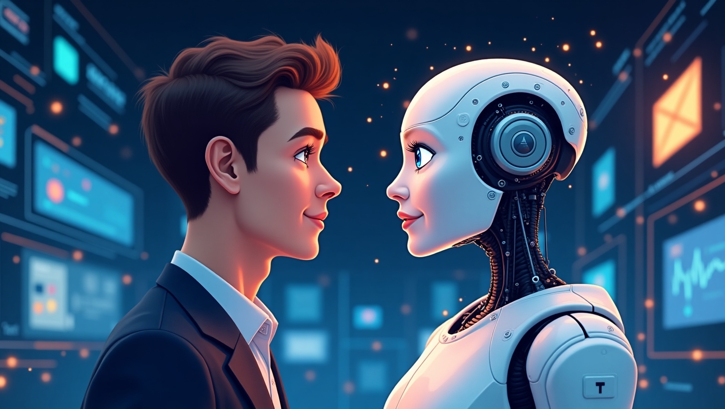 Illustration futuriste en style digital art montrant une interaction entre un humain et un robot empathique, avec des éléments visuels évoquant l’émotion, comme des larmes ou un sourire, au centre d’un paysage de marketing digital avec des écrans, des données et des flux lumineux. L’atmosphère doit être à la fois humaine et technologique, avec des couleurs inspirées de la palette FeedMaker (#54387D, #3E408D, #3C579D, #47C0B4, #58A17B, #80D07E, #A5DA6F, #E1A65F, #EFCA5E, #EBE263), pour souligner l’impact émotionnel de l’IA dans le marketing du futur.