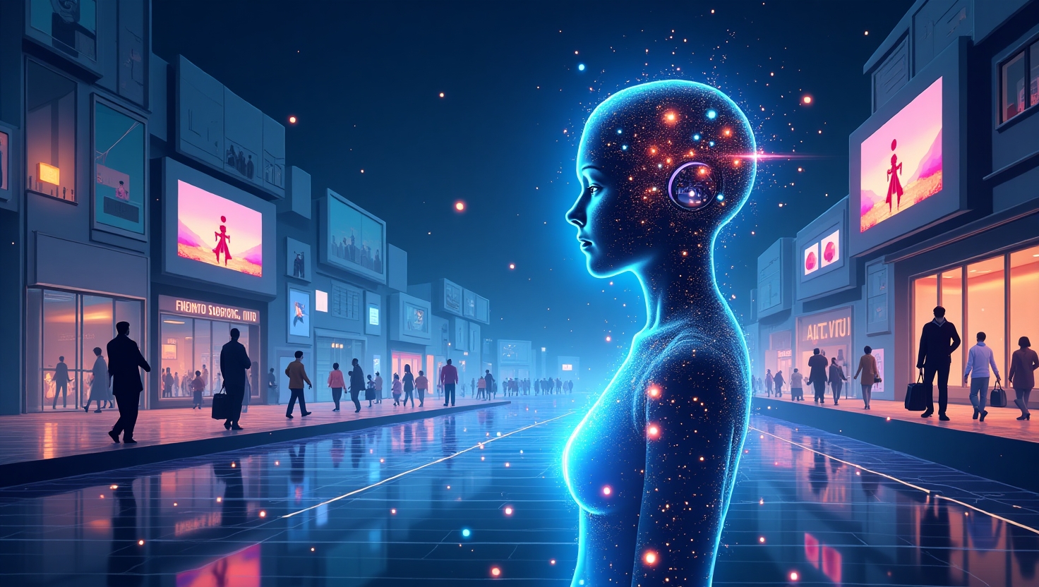 Marketing Digital 2026 : L’IA Humaine Révolutionne l’Engagement Client Illustration futuriste en style digital artistique montrant un paysage de marketing digital en 2026, avec une fusion entre une intelligence artificielle humaine — représentée par un avatar humanoïde avec des circuits lumineux et des éléments holographiques — et des éléments immersifs comme des vidéos courtes, des écrans de réalité augmentée et virtuelle, des interfaces interactives, et une scène de shopping social. L’environnement respire l’innovation, la connectivité et l’authenticité, avec des couleurs vibrantes inspirées de la palette FeedMaker (#54387D, #3E408D, #3C579D, #47C0B4, #58A17B, #80D07E, #A5DA6F, #E1A65F, #EFCA5E, #EBE263). L’atmosphère est dynamique, professionnelle mais accessible, illustrant un futur où technologie et humanité co-créent une expérience marketing engageante et éthique. Format carré, style digital moderne et immersif.