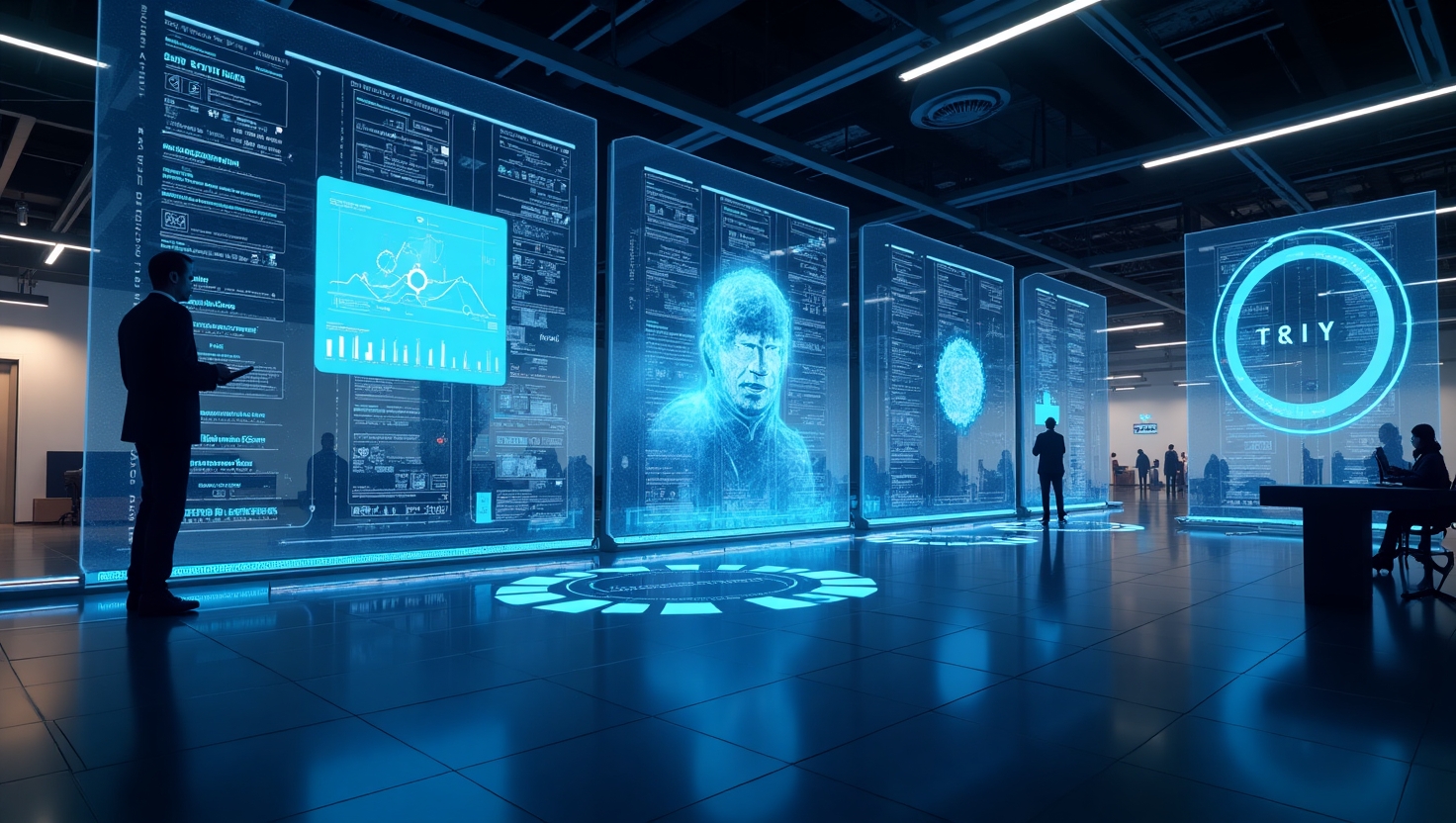 L’hyper-personnalisation IA révolutionne le marketing digital : décryptage d’une transformation majeure Illustration futuriste en style digital smeared art représentant un centre de contrôle de marketing numérique avec des écrans holographiques affichant des profils individuels, des flux de données en temps réel et des graphismes de réseaux d'IA interconnectés, évoquant la révolution de l'hyper-personnalisation en 2025-2026. L'ambiance doit être à la fois sophistiquée et innovante, avec une palette de couleurs inspirée de la palette FeedMaker (#54387D, #3E408D, #3C579D, #47C0B4, #58A17B, #80D07E, #A5DA6F, #E1A65F, #EFCA5E, #EBE263), mettant en avant la convergence entre technologie, intelligence artificielle et expérience utilisateur personnalisée. Style digital, semi-réaliste, avec un aspect à la fois professionnel et immersif, en format paysage.