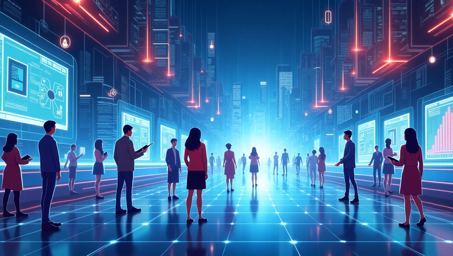 Illustration futuriste en style numérique et immersif représentant une espace hybride combinant un environnement physique interactif avec des éléments digitalisés en réalité augmentée et virtuelle, où des personnes interagissent avec des hologrammes, des interfaces virtuelles et des objets connectés, évoquant la convergence du phygital et de l'IA immersive, ambiance dynamique et pédagogique, avec une palette de couleurs inspirée de FeedMaker (#54387D, #3E408D, #3C579D, #47C0B4, #58A17B, #80D07E, #A5DA6F, #E1A65F, #EFCA5E, #EBE263), style illustration moderne et évocatrice, format paysage.