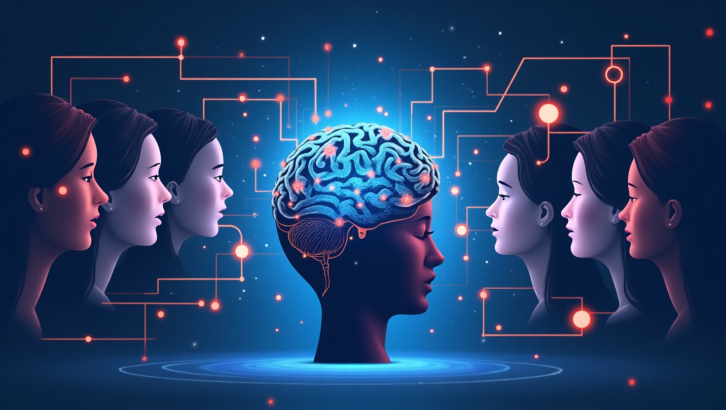 Illustration futuriste et conceptuelle en flat design d'une scène de marketing digital, mettant en avant un cerveau numérique connecté à des visages et des voix stylisés, représentant la reconnaissance faciale et vocale, avec des éclats de couleurs vibrantes intégrant la palette FeedMaker (#54387D, #3E408D, #3C579D, #47C0B4, #58A17B, #80D07E, #A5DA6F, #E1A65F, #EFCA5E, #EBE263). L'ambiance est dynamique et innovante, avec des éléments évoquant la personnalisation, l'émotion et la data, dans un style moderne et professionnel, paysage.