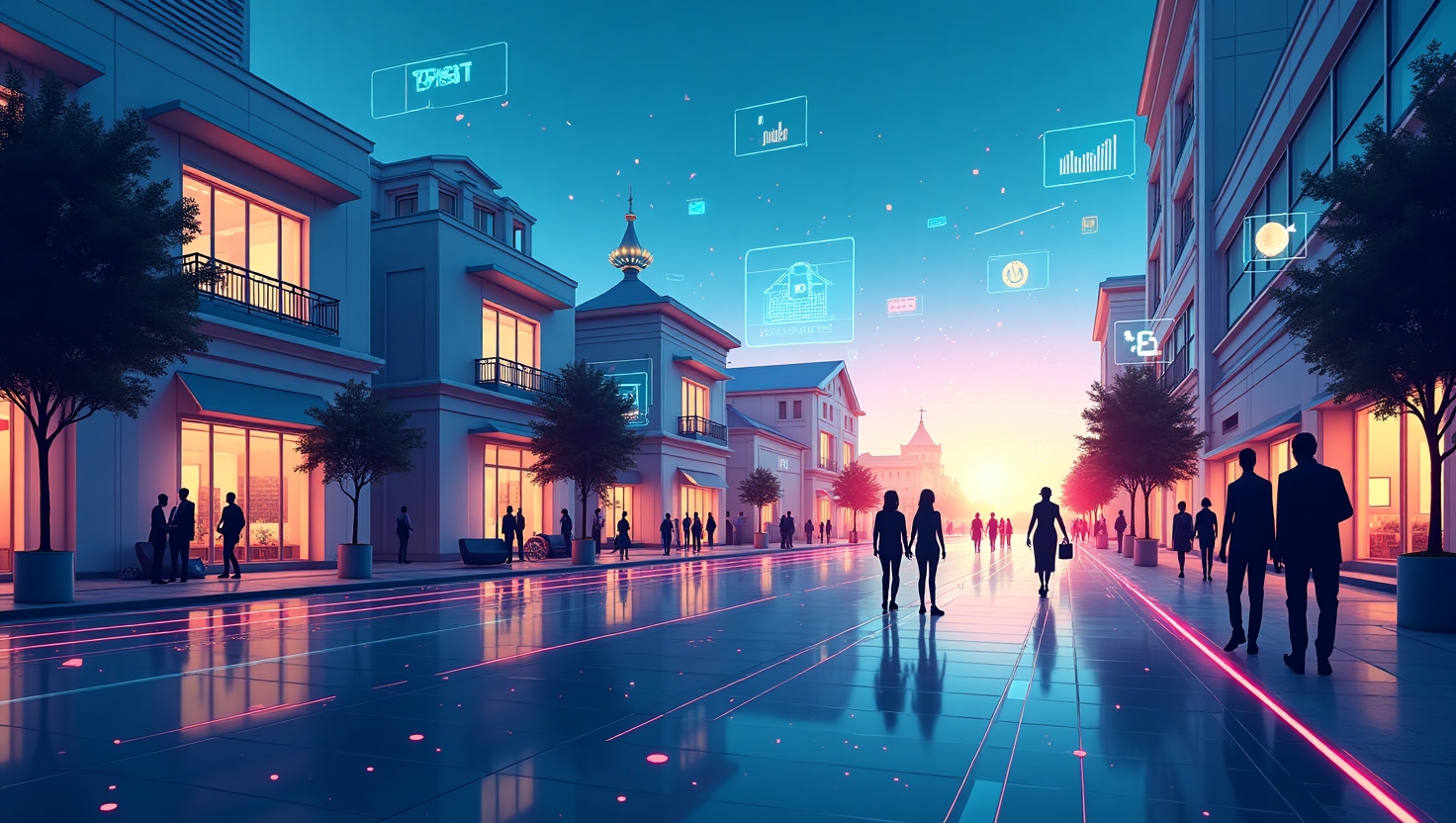 Illustration futuriste et dynamique en style digital art représentant un paysage urbain connecté avec des éléments de haute technologie, des écrans holographiques affichant des icônes de vidéo courte, chat en direct, paiements fluides et data analytics, entourés de silhouettes de marketers et consommateurs interagissant en temps réel. Intégrer des symboles de durabilité, transparence et éthique, avec une palette de couleurs inspirée de FeedMaker (#54387D, #3E408D, #3C579D, #47C0B4, #58A17B, #80D07E, #A5DA6F, #E1A65F, #EFCA5E, #EBE263), pour évoquer un univers innovant, connecté et responsable, en portrait ou paysage selon la recommandation faite. L’ambiance doit refléter la transformation digitale majeure, avec une touche de créativité et de professionnalisme, destinée à un public d’experts et de marketeurs visionnaires.