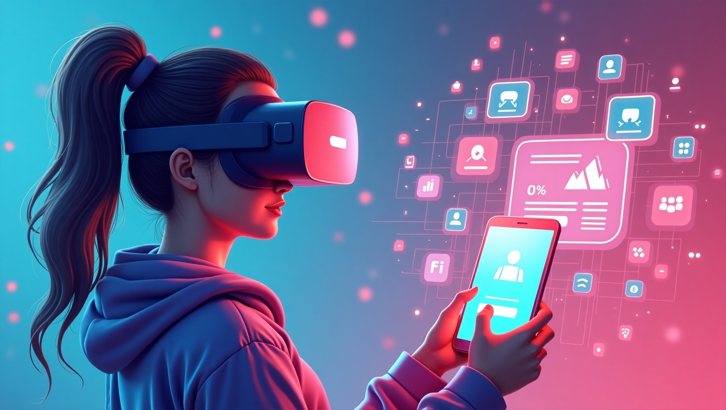 Illustration immersive et futuriste en style digital art montrant un montage de contenus interactifs populaires en 2026 : une personne portant un casque AR/VR explorant un univers virtuel coloré, une vidéo shoppable affichée sur un smartphone avec des éléments interactifs, des sondages et quiz flottants autour d’elle, représentant l’engagement et la personnalisation. La scène inclut des interfaces holographiques, des éléments technologiques avancés, dans une palette de couleurs inspirée de FeedMaker (#54387D, #3E408D, #3C579D, #47C0B4, #58A17B, #80D07E, #A5DA6F, #E1A65F, #EFCA5E, #EBE263), avec une ambiance innovante, dynamique et technologique, illustrant la vague de la viralité digitale en 2026.