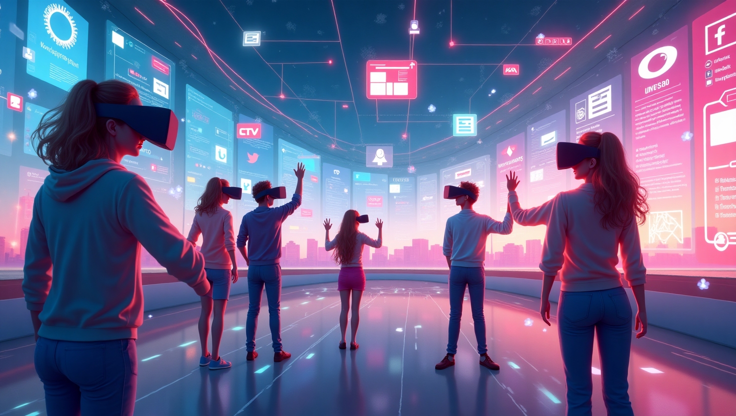 Vidéos immersives 2025 : pourquoi l’AR et la VR explosent sur les réseaux sociaux Illustration immersive et futuriste en style digital art montrant une scène dynamique avec des jeunes générations utilisant des lunettes de réalité augmentée et des casques de réalité virtuelle, interagissant avec des contenu holographiques flottants dans un environnement vibrant. Inclure des éléments de réseaux sociaux, avec des interfaces interactives et des animations holographiques colorées, dans une palette inspirée de FeedMaker (#54387D, #3E408D, #3C579D, #47C0B4, #58A17B, #80D07E, #A5DA6F, #E1A65F, #EFCA5E, #EBE263). Style illustration numérique moderne, lumineux et captivant, atmosphère inspirante et pédagogique, format paysage.
