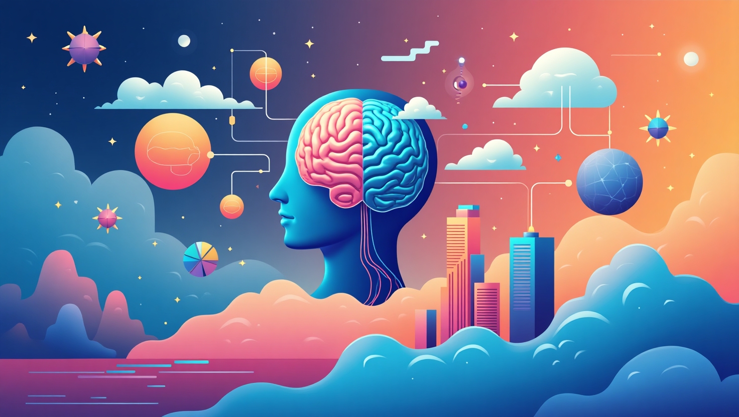 Illustration moderne en flat design représentant un paysage digital futuriste pour 2026, avec des éléments symbolisant l'intelligence artificielle (icônes de cerveau numérique), des formats immersifs comme des écrans AR/VR, des icônes de vidéo courte (Reels, Shorts), une enceinte vocale, et des symboles de durabilité et de valeurs éthiques. L'ensemble doit évoquer une transformation rapide du marketing numérique, avec une ambiance dynamique, innovante et technologique, utilisant une palette de couleurs inspirée de FeedMaker (#54387D, #3E408D, #3C579D, #47C0B4, #58A17B, #80D07E, #A5DA6F, #E1A65F, #EFCA5E, #EBE263), dans un style épuré et professionnel, format carré.