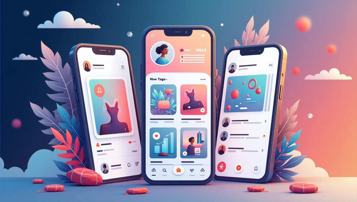 Illustration moderne en style digital chic représentant une interface d'application Instagram futuriste en 2025, mettant en avant une fusion visuelle entre Stories et Reels avec des flux vidéo dynamiques, intégration d'éléments d'IA comme des pinceaux numériques et des images générées, une grille de profil réorganisable librement avec des modules interactifs, des icônes de collaboration d'équipe, le tout dans une ambiance sophistiquée et high-tech, avec une palette de couleurs inspirée de FeedMaker : #54387D, #3E408D, #3C579D, #47C0B4, #58A17B, #80D07E, #A5DA6F, #E1A65F, #EFCA5E, #EBE263, style illustration digitale nette et contemporaine, orientation paysage.