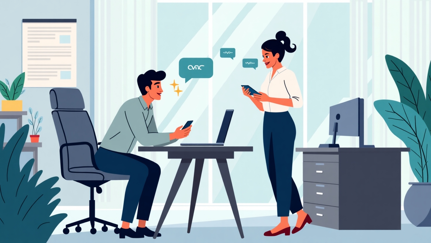 LinkedIn lance les Stories audio éphémères : révolution du networking professionnel Illustration moderne en style réaliste et professionnel, représentant des professionnels en milieu de travail échangeant des messages vocaux sur leurs smartphones dans un environnement de bureau élégant, avec des éléments visuels subtils de bulles audio, d'ondes sonores et d'icônes de réseau social, évoquant la fonctionnalité Stories audio éphémères de LinkedIn. L'ambiance doit être dynamique, innovante et professionnelle, avec une palette de couleurs inspirée de FeedMaker (#54387D, #3E408D, #3C579D, #47C0B4, #58A17B, #80D07E, #A5DA6F, #E1A65F, #EFCA5E, #EBE263), mettant en valeur la communication instantanée et la connexion authentique entre les acteurs du réseau professionnel.