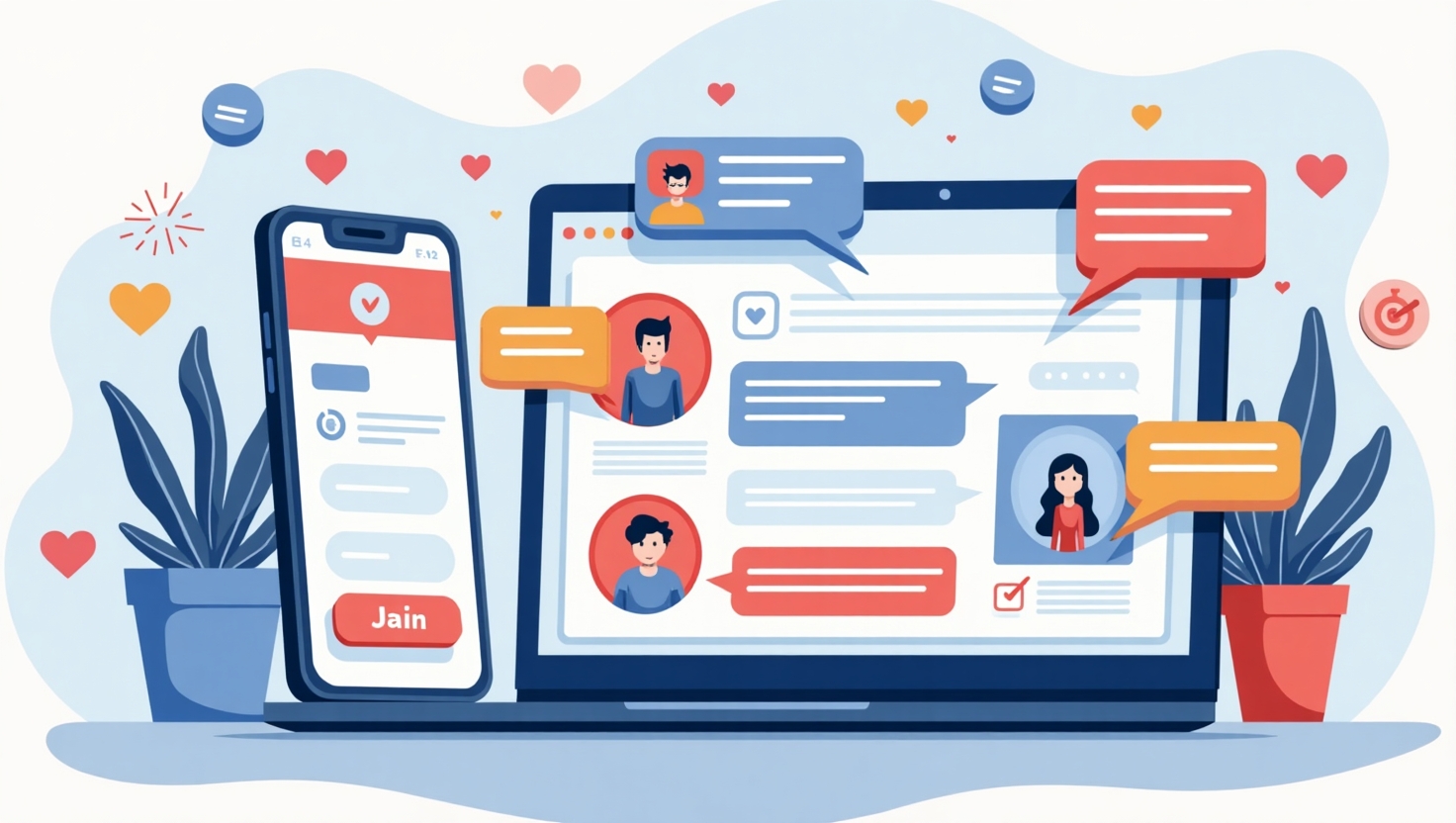 Illustration moderne en style réaliste ou semi-réaliste représentant un smartphone et un ordinateur affichant une interface de micro-groupes thématiques avec des icônes de communautés, d'interactions comme le bouton 'J'aime', des tags communautaires, et des profils avec des sections publiques, le tout dans une ambiance dynamique et collaborative. L'image intègre un fond évoquant la connectivité digitale et la discussion en ligne, avec une palette de couleurs inspirée de FeedMaker (#54387D, #3E408D, #3C579D, #47C0B4, #58A17B, #80D07E, #A5DA6F, #E1A65F, #EFCA5E, #EBE263), pour souligner l'innovation et la socialisation via plateformes numériques.