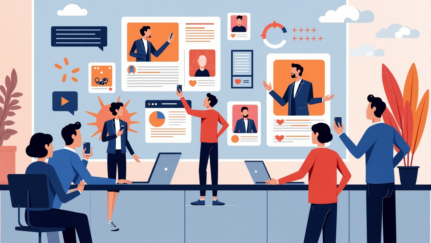 Illustration moderne en style realiste ou semi-réaliste représentant une scène dynamique de campagne marketing participative en 2026, avec des créateurs de contenu et des membres de l’audience échangeant, votant, créant ensemble via des outils numériques interactifs comme des écrans tactiles, des livestreams et des smartphones. Inclure des éléments visuels illustrant la viralité, l’authenticité et la collaboration, tels que des hashtags, des défis, et des statistiques flottantes. Utiliser une ambiance énergique et positive, avec une palette de couleurs inspirée de FeedMaker (#54387D, #3E408D, #3C579D, #47C0B4, #58A17B, #80D07E, #A5DA6F, #E1A65F, #EFCA5E, #EBE263), pour transmettre l’enthousiasme de cette nouvelle tendance marketing.