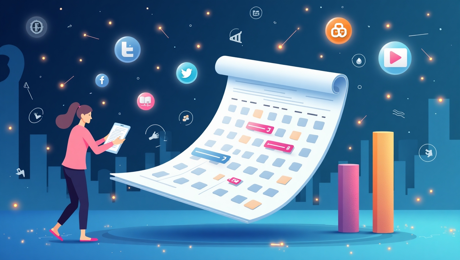 Comment créer un calendrier éditorial viral optimisé pour 2025 Illustration moderne et dynamique d'un calendrier éditorial numérique flottant au centre d'une scène futuriste avec des éléments graphiques représentant des réseaux sociaux, des graphiques d'analyse et des notifications en temps réel, intégrant des icônes de reels, shorts, stories, et tendances digitales. L'ambiance doit être professionnelle mais innovante, avec un style graphique clair et épuré, en flat design avec des touches d'illustration technologique, utilisant une palette de couleurs inspirée de FeedMaker (#54387D, #3E408D, #3C579D, #47C0B4, #58A17B, #80D07E, #A5DA6F, #E1A65F, #EFCA5E, #EBE263). L'image doit évoquer la maîtrise, la stratégie et l'anticipation en marketing digital pour 2025, sous un format carré adaptable à une utilisation digitale ou éditoriale.