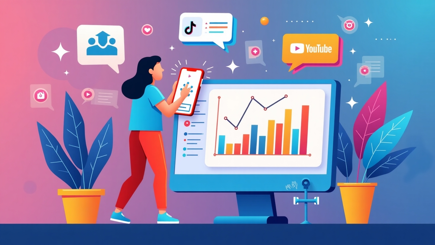 Comment maîtriser la création de contenus interactifs viraux en 2026 Illustration moderne et dynamique d’un créateur de contenu interactif utilisant des outils numériques avancés, tels qu’un smartphone affichant des filtres AR, un écran avec des zappers de quiz, et des graphiques de statistiques. En arrière-plan, des éléments visuels représentant les plateformes sociales populaires comme TikTok, Instagram, et YouTube, intégrés dans un univers futuriste. Style flat design vibrant avec une palette de couleurs inspirée de FeedMaker (#54387D, #3E408D, #3C579D, #47C0B4, #58A17B, #80D07E, #A5DA6F, #E1A65F, #EFCA5E, #EBE263), ambiance innovante, inspirant la maîtrise de la création de contenus viraux et interactifs pour 2026, format carré.