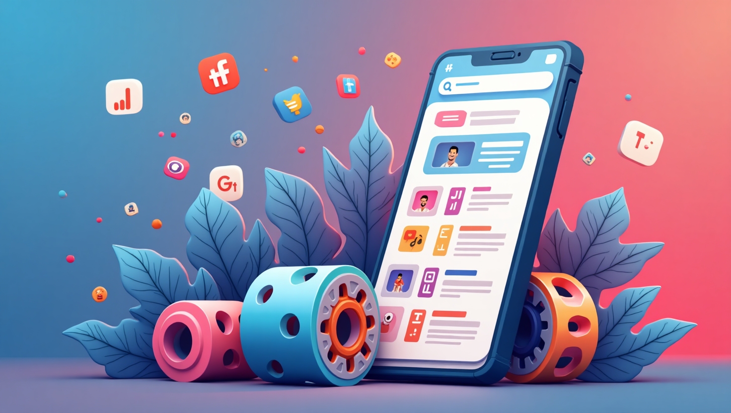 Illustration moderne et dynamique en style digital art, montrant un smartphone avec l'écran affichant des Reels colorés et variés, entouré d'éléments graphiques représentant la personnalisation, la recherche par intelligence artificielle, et des formats longs. En arrière-plan, des symboles évoquant la viralité et la stratégie de contenu, avec une palette de couleurs inspirée de FeedMaker (#54387D, #3E408D, #3C579D, #47C0B4, #58A17B, #80D07E, #A5DA6F, #E1A65F, #EFCA5E, #EBE263). L’image doit transmettre une ambiance innovante, de transformation digitale et d’opportunités pour les créateurs et social media managers. Format carré, style illustration numérique tendance et professionnelle.