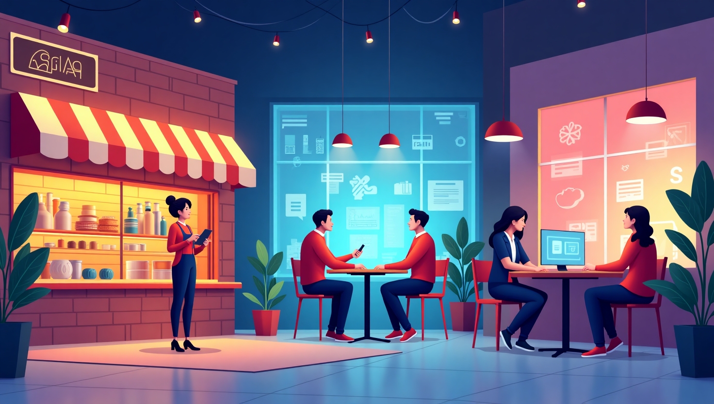 Illustration moderne et dynamique représentant trois scènes distinctes illustrant des success stories inspirantes en 2025 : en premier plan, une boulangerie vibrante et gourmande avec des éléments digitaux et des logos holographiques symbolisant l'IA, une zone dédiée à la personnalisation et la viralité; à gauche, un coach connecté utilisant une interface numérique avancée pour la création de contenus personnalisés, avec des effets lumineux évoquant la sophistication de l'intelligence artificielle; à droite, une agence créative transformée intégrant des outils d'IA dans la conception graphique, avec des écrans lumineux et des collaborateurs engagés dans la co-création, dans un style illustration flat design aux couleurs inspirées de la palette FeedMaker (#54387D, #3E408D, #3C579D, #47C0B4, #58A17B, #80D07E, #A5DA6F, #E1A65F, #EFCA5E, #EBE263), ambiance vivante, innovante et authentique, format carré.