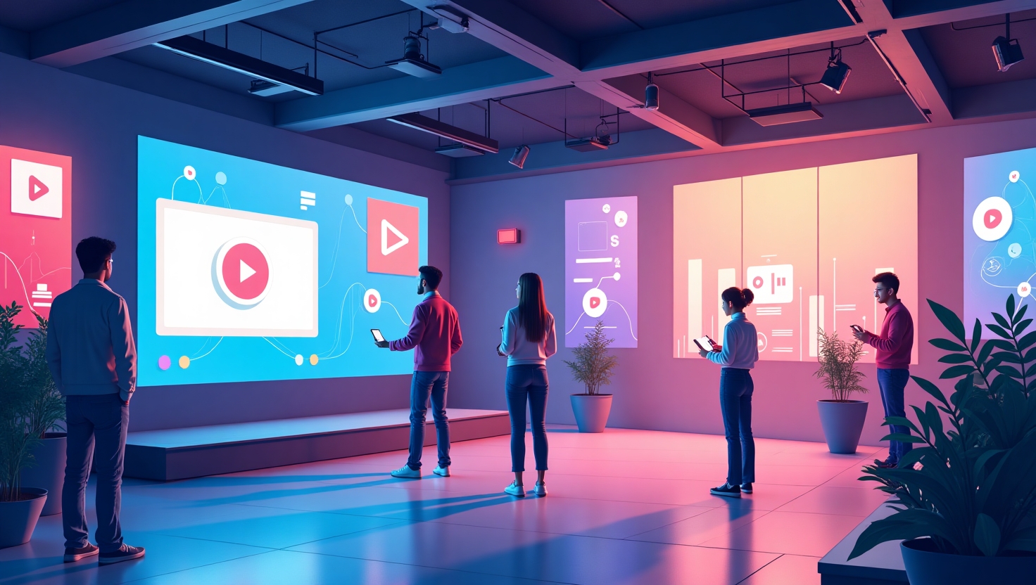 Illustration moderne et dynamique représentant une scène de marketing digital immersif en 2026, avec des éléments visuels tels que des vidéos courtes style TikTok et Reels, une projection AR interactif d’un produit, et des écrans affichant des quiz et des démos virtuelles, dans un intérieur futuriste avec une ambiance inspirante et technologique. Utilisez une palette de couleurs inspirée de FeedMaker (#54387D, #3E408D, #3C579D, #47C0B4, #58A17B, #80D07E, #A5DA6F, #E1A65F, #EFCA5E, #EBE263), pour un rendu brillant et professionnel, dans un style illustratif contemporain et engageant, option paysage.