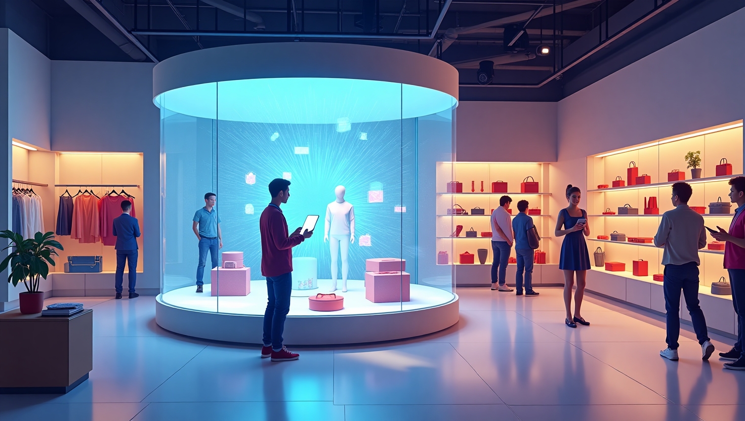 Illustration moderne et immersive d'une boutique phygitale en 2025, présentant une vitrine dynamique et connectée avec des éléments de réalité augmentée visibles, comme un hologramme interactif ou un client utilisant une tablette pour scanner un produit. Au premier plan, un consommateur engagé interagissant avec une expérience digitale intégrée à la boutique, avec un décor futuriste où se mêlent technologies innovantes et ambiance accueillante. Style digital art ou illustration conceptuelle, avec une palette de couleurs inspirée de FeedMaker (#54387D, #3E408D, #3C579D, #47C0B4, #58A17B, #80D07E, #A5DA6F, #E1A65F, #EFCA5E, #EBE263), pour souligner la fusion entre digital et physique, avec une ambiance à la fois pédagogique et inspirante, en format paysage.