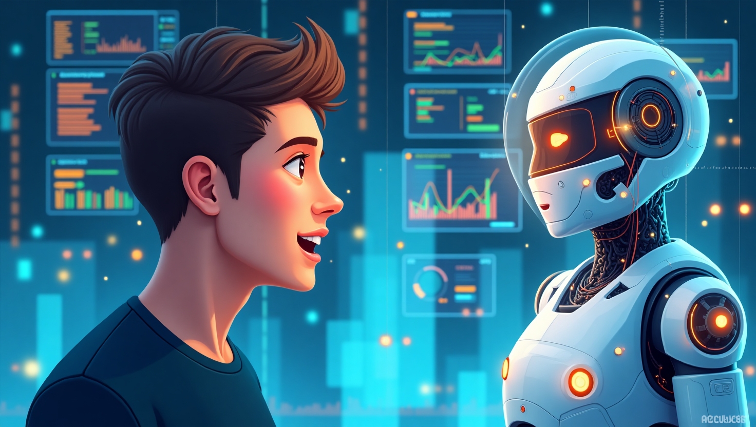 Illustration moderne et professionnelle en style semi-réaliste montrant un chatbot humanoïde interactif avec un visage humain expressif, utilisant des éléments visuels pour représenter la reconnaissance émotionnelle et le traitement du langage naturel, intégrée dans un environnement digital avec des données et des graphiques pour illustrer la transformation marketing en 2025. La scène doit évoquer à la fois la technologie avancée et l'empathie humaine, avec une ambiance innovante et futuriste. Utiliser une palette de couleurs inspirée de FeedMaker (#54387D, #3E408D, #3C579D, #47C0B4, #58A17B, #80D07E, #A5DA6F, #E1A65F, #EFCA5E, #EBE263). Style illustration semi-réaliste avec une composition claire et esthétique adaptée à un contexte professionnel et technologique.