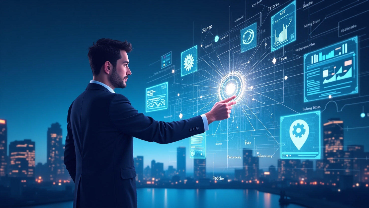 Pourquoi l’hyper-personnalisation marketing est la clé en 2025 Illustration moderne et sophistiquée en style digital futuriste représentant un professionnel du marketing interagissant avec une interface holographique d'écrans dynamiques affichant des données comportementales, émotionnelles et contextuelles, entouré de graphiques, de codes et d'éléments symbolisant l'intelligence artificielle et l'automatisation. L'ambiance doit refléter l'innovation, la précision et le futur du marketing, avec une palette de couleurs inspirée de la marque FeedMaker (#54387D, #3E408D, #3C579D, #47C0B4, #58A17B, #80D07E, #A5DA6F, #E1A65F, #EFCA5E, #EBE263). L’image doit être en style illustration digitale avec une touche high-tech, en format paysage pour évoquer la stratégie et la vision à long terme.