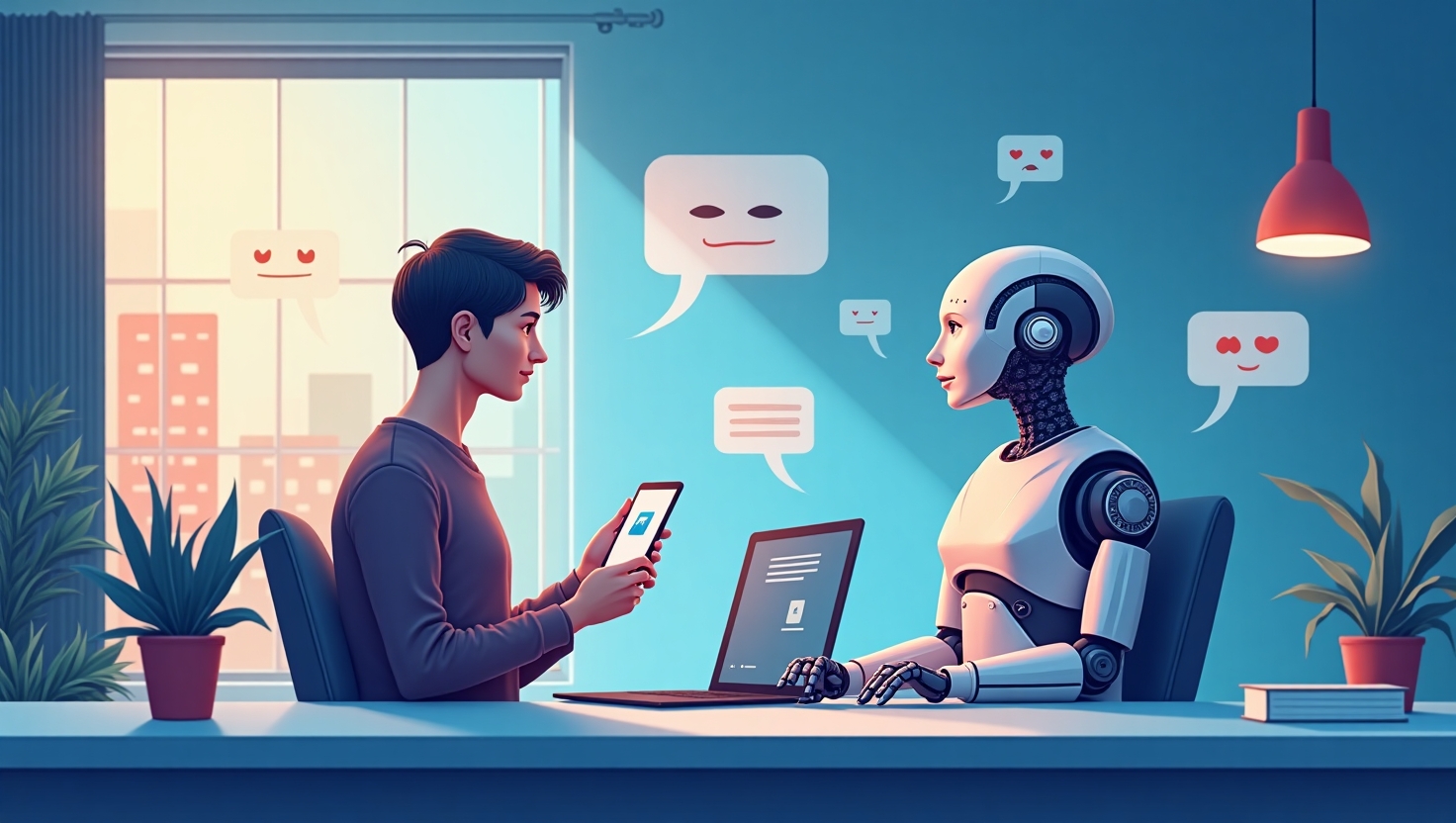 Illustration moderne et sophistiquée en style réaliste ou semi-réaliste représentant un chatbot humanoïde ou un agent conversationnel intégré dans un espace digital, interagissant avec un utilisateur humain exprimant des émotions via un smartphone ou un ordinateur, avec des éléments visuels évoquant l'intelligence émotionnelle telles que des ondes de reconnaissance faciale ou des bulles de dialogue expressives. L’ambiance doit inspirer l’innovation, la confiance et la relation humaine augmentée par la technologie, avec une palette de couleurs inspirée de la palette FeedMaker (#54387D, #3E408D, #3C579D, #47C0B4, #58A17B, #80D07E, #A5DA6F, #E1A65F, #EFCA5E, #EBE263), dans un style épuré et futuriste, format paysage idéal pour une environnement professionnel et technologique.
