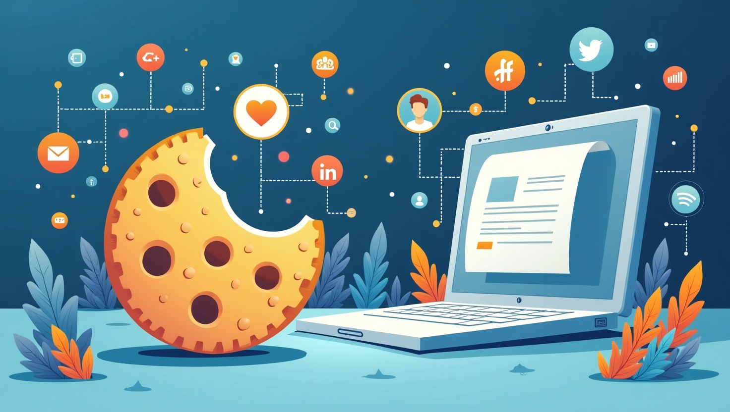 Illustration professionnelle en style infographic moderne montrant une scène de marketing digital en pleine mutation, avec des éléments symboliques représentant la disparition des cookies tiers : un cookie barré, des réseaux sociaux avec des icônes de connexion, des flux de données émanant de dispositifs mobiles et ordinateurs, intégrés dans un paysage numérique épuré et technologique. La palette de couleurs doit s'inspirer des tons FeedMaker (#54387D, #3E408D, #3C579D, #47C0B4, #58A17B, #80D07E, #A5DA6F, #E1A65F, #EFCA5E, #EBE263), avec une ambiance sérieuse et innovante, mettant en valeur la transformation stratégique du marketing, la personnalisation et l’engagement, pour un format carré.
