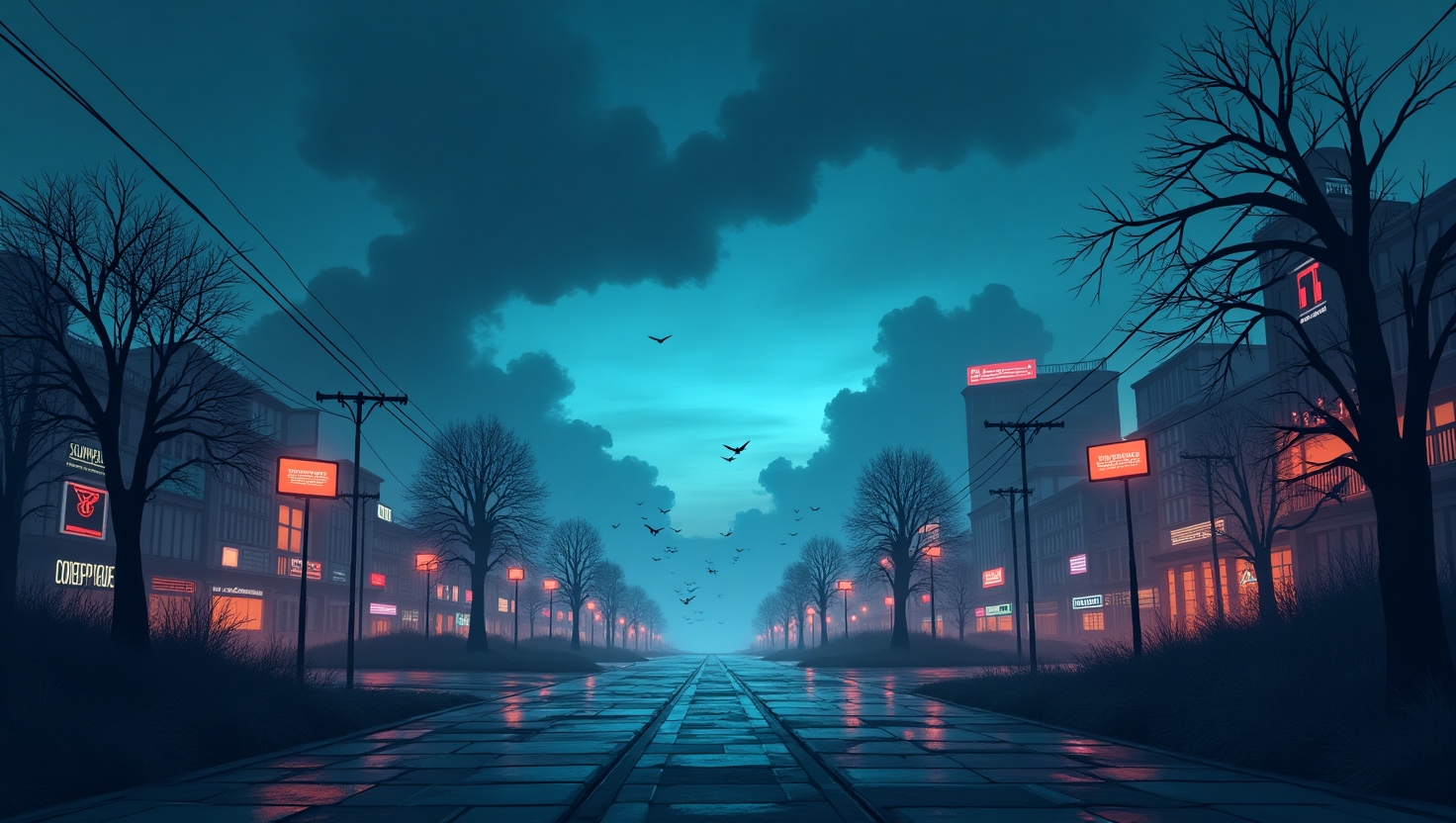 Illustration sombre et captivante représentant un paysage urbain futuriste en déclin, envahi par des éléments environnementaux apocalyptiques comme des ciels nuageux toxiques, des arbres morts et des écrans de réseaux sociaux affichant des messages alarmants, dans un style réaliste ou semi-réaliste, avec une ambiance à la fois inquiétante et réfléchie. Incorporer des symboles de viralité numérique tels que des courbes de croissance ou des notifications. Utiliser une palette de couleurs inspirée de FeedMaker : #54387D, #3E408D, #3C579D, #47C0B4, #58A17B, #80D07E, #A5DA6F, #E1A65F, #EFCA5E, #EBE263, pour renforcer la cohérence visuelle.