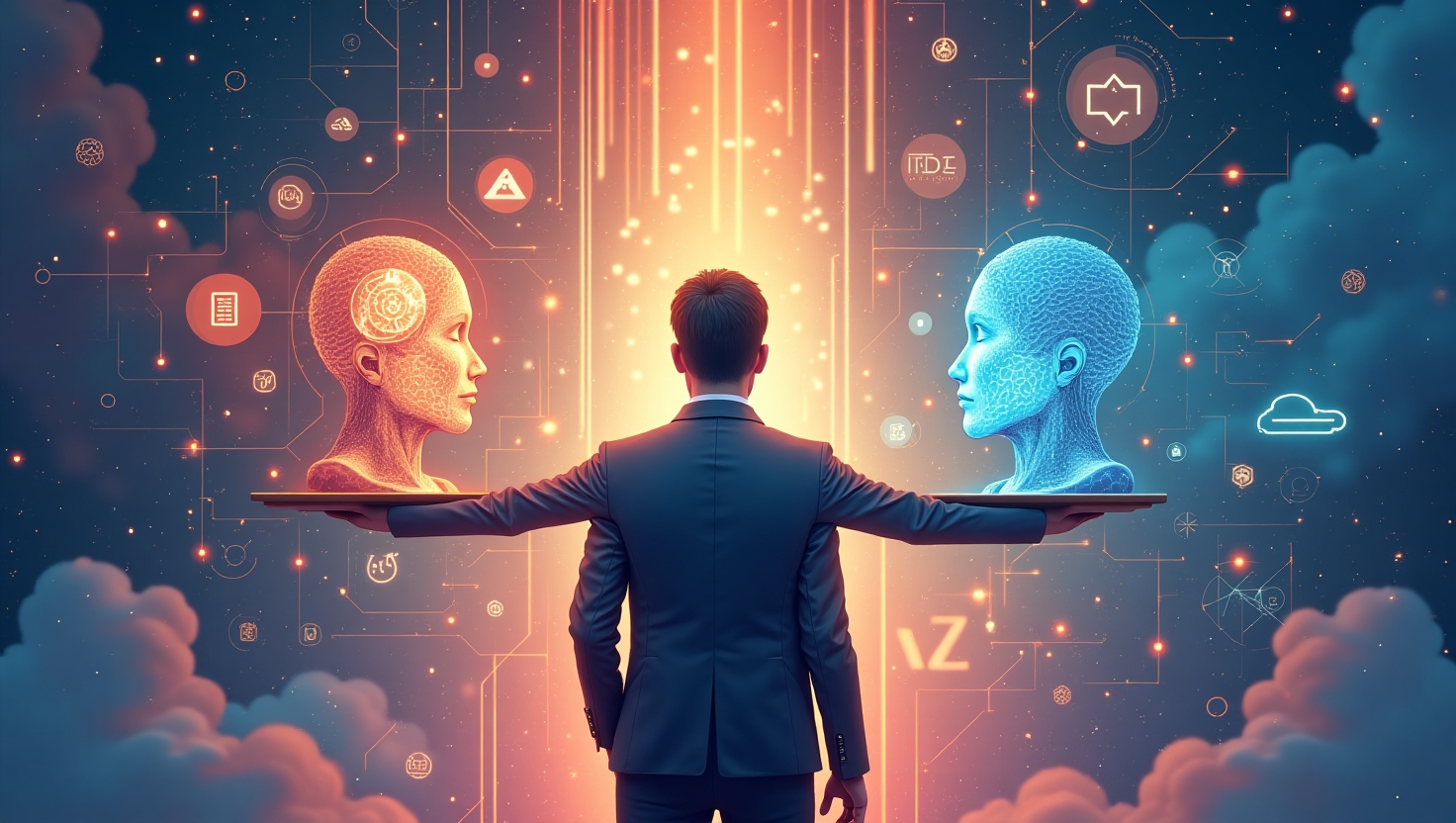 Une illustration contemporaine et sophistiquée représentant un professionnel du marketing ou un créateur de contenu au centre, jonglant avec des éléments symbolisant l'intelligence artificielle, l'éthique et l'authenticité. Par exemple, un personnage tenant une balance où d'un côté se trouve une tête holographique d'IA lumineuse, et de l'autre un cœur humain ou un symbole de transparence. En arrière-plan, une scène futuriste mêlant interfaces numériques, graphiques de performance, et éléments évoquant la confiance et la controverse, comme des cadenas ou des médias sociaux flous. Style réaliste ou semi-réaliste avec une palette de couleurs inspirée de la palette FeedMaker (#54387D, #3E408D, #3C579D, #47C0B4, #58A17B, #80D07E, #A5DA6F, #E1A65F, #EFCA5E, #EBE263), mettant en valeur les paradoxes et la tension entre technologie et humanité dans un univers moderne et professionnel.