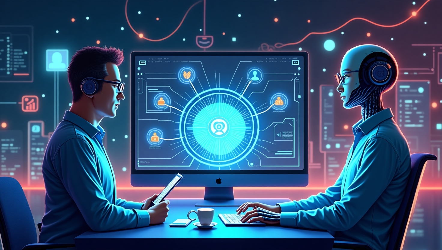 L’IA dans le marketing digital 2025 : Où commence l’automatisation, où se termine l’authenticité ? Une illustration futuriste en style digital épuré montrant un tableau de bord de marketing digital interactif entouré d'éléments symbolisant à la fois l'automatisation et l'authenticité, comme des robots et des visages humains authentiques, avec des flux de données, des icônes de créativité générative, et des connexions holographiques. La scène doit évoquer un équilibre entre technologie avancée et contact humain sincère, dans une ambiance professionnelle mais innovante, utilisant une palette de couleurs inspirée de FeedMaker (#54387D, #3E408D, #3C579D, #47C0B4, #58A17B, #80D07E, #A5DA6F, #E1A65F, #EFCA5E, #EBE263).