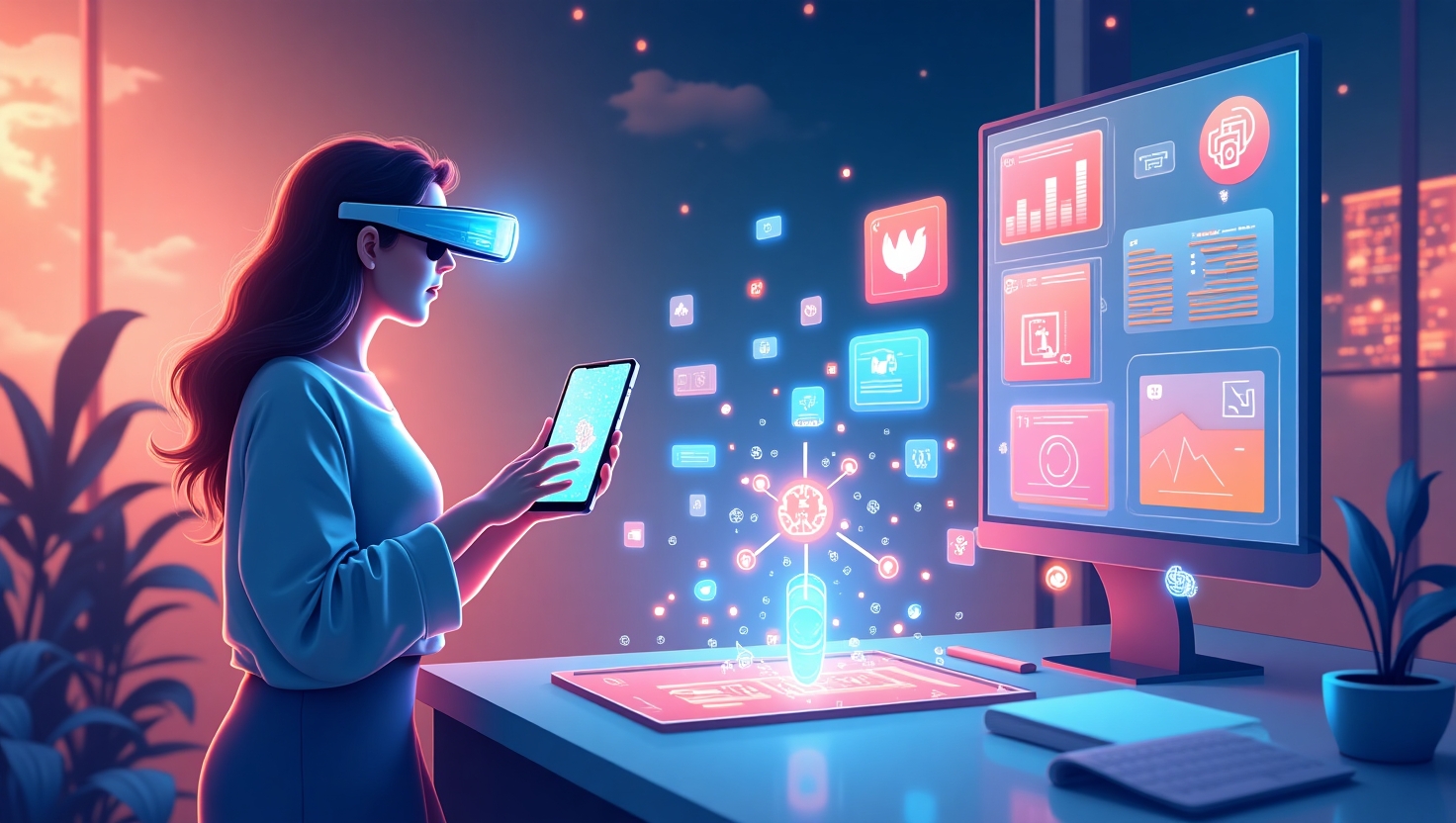 L’essor des formats courts immersifs en 2025 : entre réalité augmentée et viralité Une illustration futuriste et dynamique représentant l'univers des réseaux sociaux en 2025, avec une scène centrale montrant une personne utilisant un smartphone ou des lunettes de réalité augmentée, interagissant avec des éléments virtuels en 3D qui émergent de l'écran, intégrant des filtres AR personnalisés, des éléments de gamification, et des effets immersifs colorés. En arrière-plan, des interfaces sociales flottantes avec des icônes de partage et de viralité, dans un style digital moderne avec une ambiance vibrante et engageante. Utilisez une palette de couleurs inspirée de FeedMaker (#54387D, #3E408D, #3C579D, #47C0B4, #58A17B, #80D07E, #A5DA6F, #E1A65F, #EFCA5E, #EBE263) pour renforcer l’effet technologique et innovant, en privilégiant un style illustration numérique haute en couleurs, avec une ambiance dynamique et prospective, en format paysage.