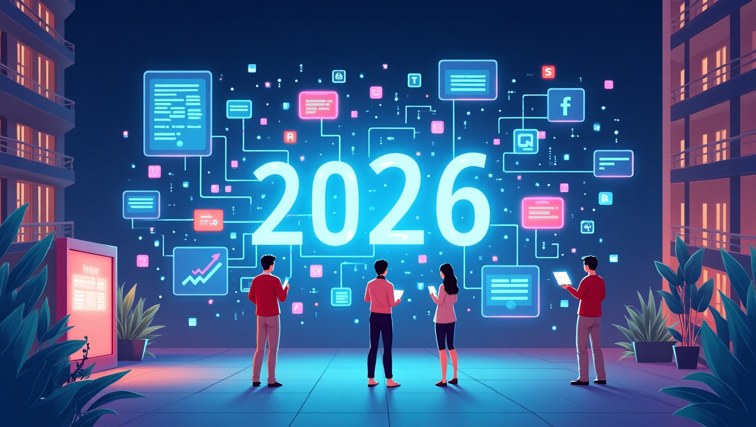Une illustration futuriste et dynamique représentant le marketing digital de 2026, avec des éléments comme des écrans holographiques affichant des données en temps réel, des jeunes consommateurs interagissant avec des contenus vidéo courts et interactifs, des symboles de social commerce avec des paiements fluides, et une fusion visuelle de données first-party intégrées à des outils automatisés. Le tout dans un style moderne et épuré avec une palette de couleurs inspirée de la marque FeedMaker (#54387D, #3E408D, #3C579D, #47C0B4, #58A17B, #80D07E, #A5DA6F, #E1A65F, #EFCA5E, #EBE263), mêlant esthétique technologique et responsabilité éthique, dans un environnement à la fois professionnel et innovant, en format paysage.