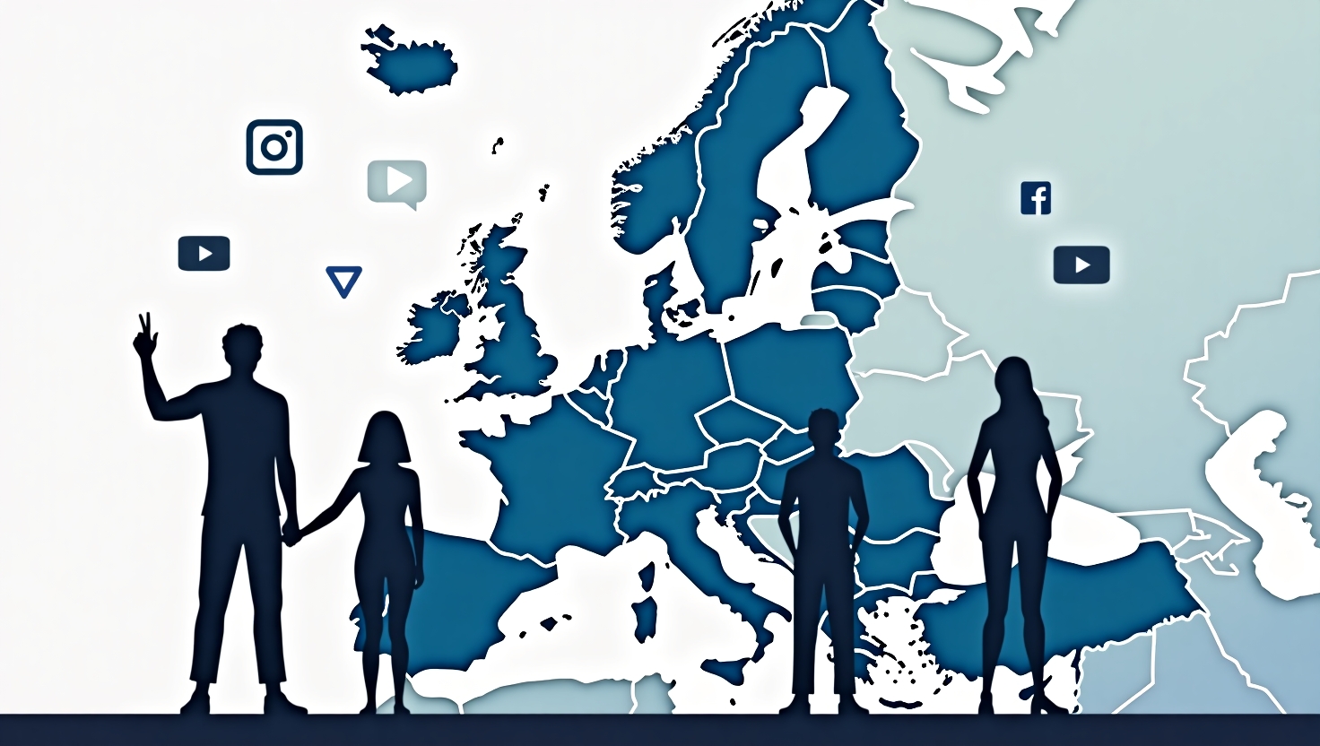 Meta bannit les moins de 16 ans d’Instagram et Facebook en Australie : le tsunami qui arrive en Europe Une illustration moderne et dynamique représentant des jeunes adolescents en silhouette, entourés d'icônes de réseaux sociaux populaires comme Instagram, Facebook, TikTok, YouTube et Snapchat, avec des symboles de restriction ou d'interdiction (panneaux stop, cadenas) pour signifier la suppression de comptes. En arrière-plan, une carte de l'Europe avec des connexions fragiles symbolisant la prise de mesures similaires à venir, avec une palette de couleurs inspirée de FeedMaker (#54387D, #3E408D, #3C579D, #47C0B4, #58A17B, #80D07E, #A5DA6F, #E1A65F, #EFCA5E, #EBE263). Style illustrations numériques épurées et modernes, avec une ambiance d’alerte et de changement imminent, format paysage.