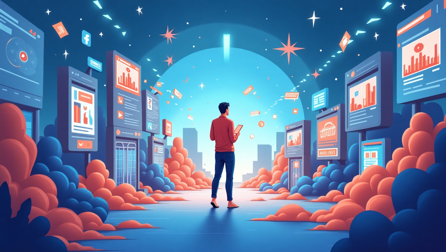 Une illustration moderne et immersive en style digital futuriste représentant une scène où un utilisateur interagit avec divers canaux marketing intégrés : un smartphone affichant une vidéo shoppable, une tablette avec une expérience AR, une interface VR en casque immersif, et des éléments de réseaux sociaux flottants autour, symbolisant la fluidité et la cohérence omnicanale. La composition doit évoquer un parcours client fluide et engageant, avec des couleurs vives inspirées de la palette FeedMaker (#54387D, #3E408D, #3C579D, #47C0B4, #58A17B, #80D07E, #A5DA6F, #E1A65F, #EFCA5E, #EBE263), dans un style digital et sophistiqué, évoquant un avenir marketing interactif et personnalisé, en format paysage.