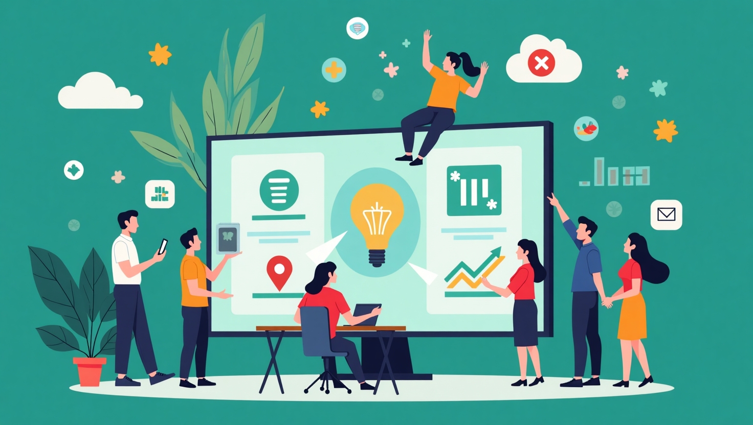 Pourquoi le marketing éthique devient incontournable en 2025 Une illustration moderne et inspirante représentant une scène de marketing éthique en 2025, avec des professionnels du digital ou du marketing autour d'une grande table ou écran holographique affichant des symboles de responsabilité sociale, transparence, durabilité et innovation technologique. Intégrer des éléments visuels comme des feuilles vertes, des icônes de confidentialité, des symboles de balance éthique, et des graphiques de croissance responsable, dans un style semi-realiste ou flat design. La palette de couleurs doit s’inspirer des teintes de FeedMaker (#54387D, #3E408D, #3C579D, #47C0B4, #58A17B, #80D07E, #A5DA6F, #E1A65F, #EFCA5E, #EBE263), avec une ambiance à la fois sérieuse et optimiste, évoquant une transition vers un futur responsable, tout en restant dynamique et professionnel.