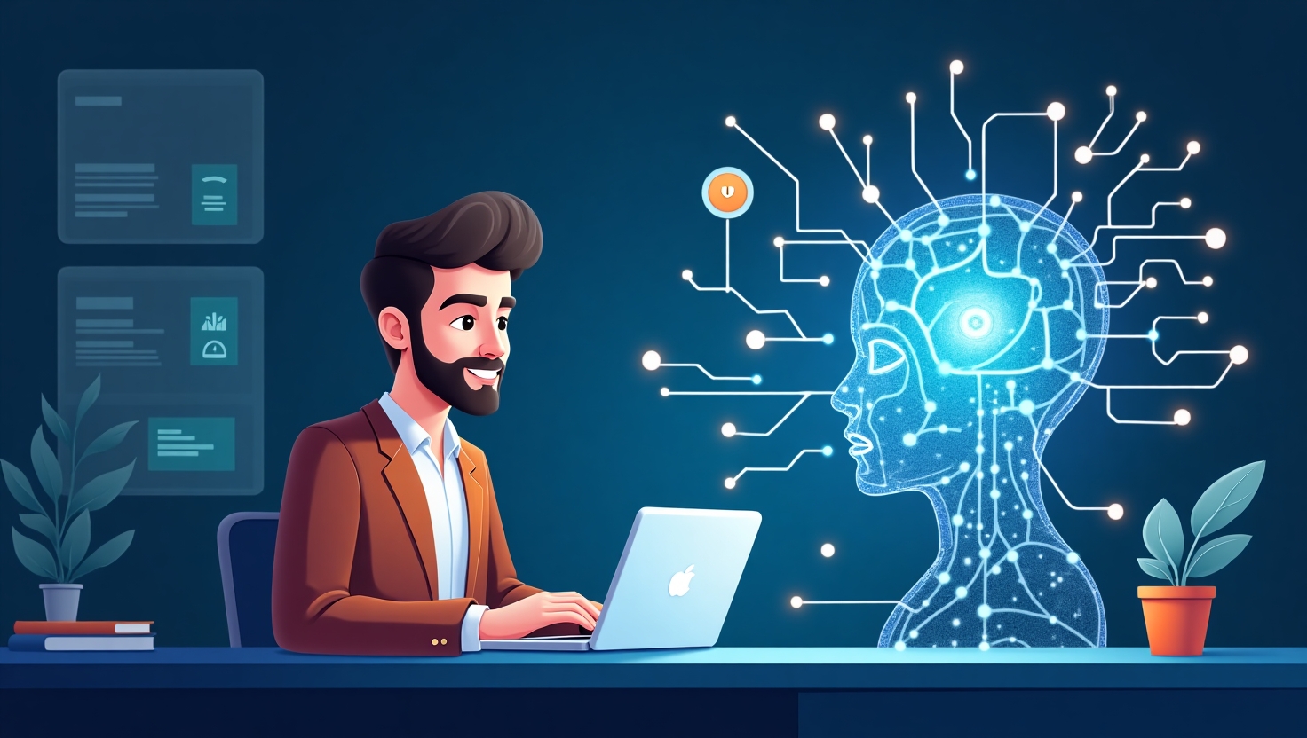 IA vs Authenticité : Le paradoxe qui fracture le marketing digital en 2025 Une illustration sophistiquée en style réaliste et professionnel représentant un hybride humain et intelligence artificielle, fusionnant dans une interface numérique élégante. La scène montre un créateur de contenu à gauche, avec un visage sincère et expressif, utilisant un ordinateur portable, et une entité d'IA symbolisée par des motifs de circuits et de lumière bleue à droite. L’arrière-plan évoque un univers numérique avancé avec des éléments technologiques et des réseaux connectés, tout en conservant une ambiance sérieuse et analytique. La palette de couleurs intègre des nuances inspirées de la palette FeedMaker (#54387D, #3E408D, #3C579D, #47C0B4, #58A17B, #80D07E, #A5DA6F, #E1A65F, #EFCA5E, #EBE263) pour une harmonie visuelle claire et professionnelle.