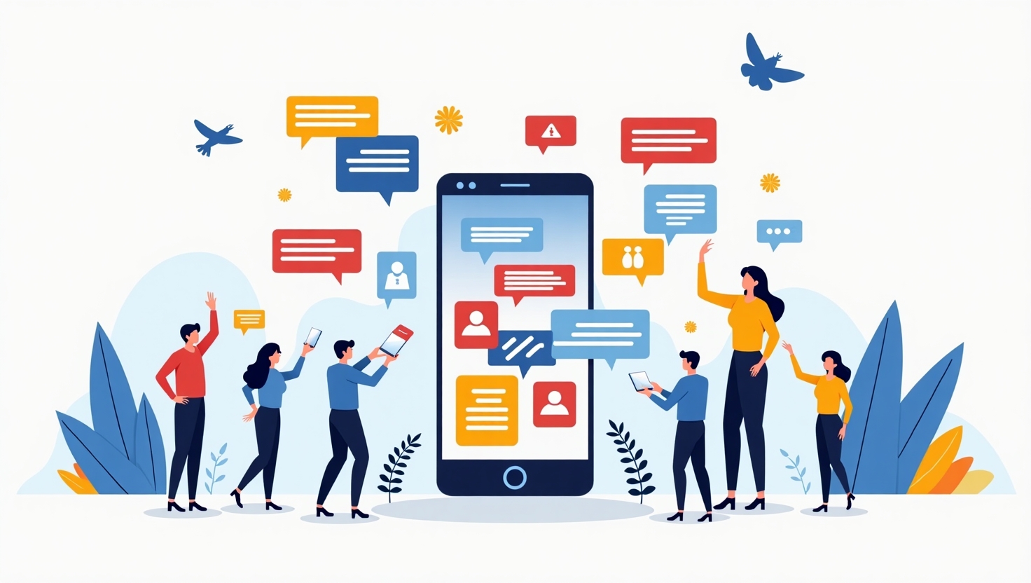 illustration contemporaine en style moderne et épuré montrant un smartphone affichant l'interface d'une plateforme sociale avec des icônes de communautés thématiques, entouré de silhouettes de créateurs et d'utilisateurs engagés dans des échanges autour de passions variées, avec des éléments graphiques représentant des micro-groupes et des interactions comme des cœurs et des tags, ambiance innovante et dynamique, couleurs inspirées de la palette FeedMaker (#54387D, #3E408D, #3C579D, #47C0B4, #58A17B, #80D07E, #A5DA6F, #E1A65F, #EFCA5E, #EBE263), style flat design avec une composition claire et attrayante, format paysage.