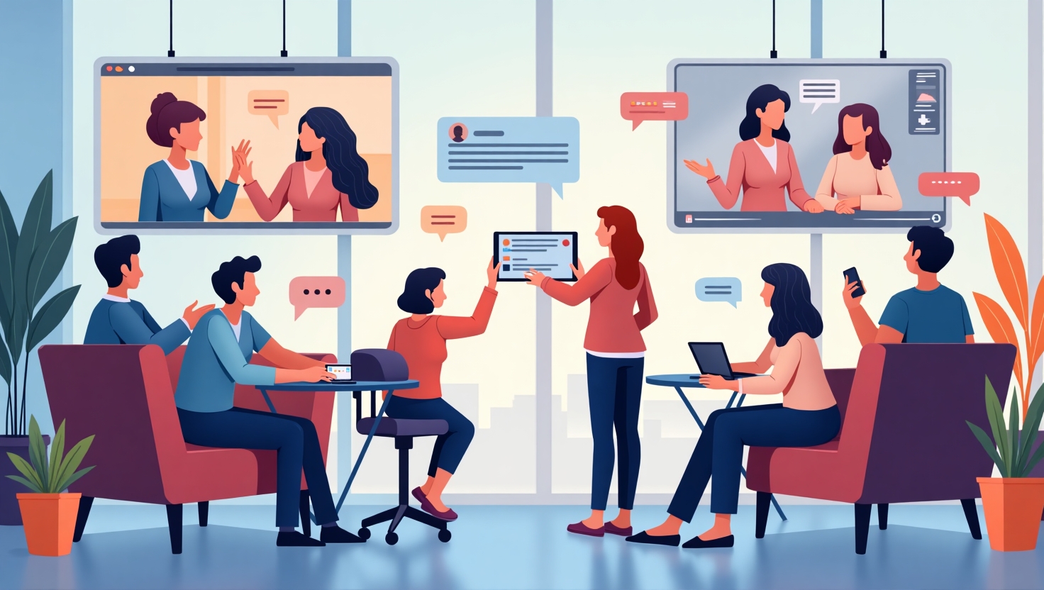 Micro-communautés et UGC authentique : la nouvelle vague social media en 2026 Illustration carrée en style réaliste et professionnel représentant une scène de micro-communautés en ligne, avec des petits groupes engagés en vidéocall, chats, et échanges authentiques sur des écrans numériques, mettant en avant la proximité et l'engagement sincère, dans un univers digital moderne. Utiliser une palette de couleurs inspirée de la palette FeedMaker (#54387D, #3E408D, #3C579D, #47C0B4, #58A17B, #80D07E, #A5DA6F, #E1A65F, #EFCA5E, #EBE263), avec une ambiance dynamique, conviviale et stratégique, pour illustrer la montée de l'authenticité et des interactions qualitatives en social media.