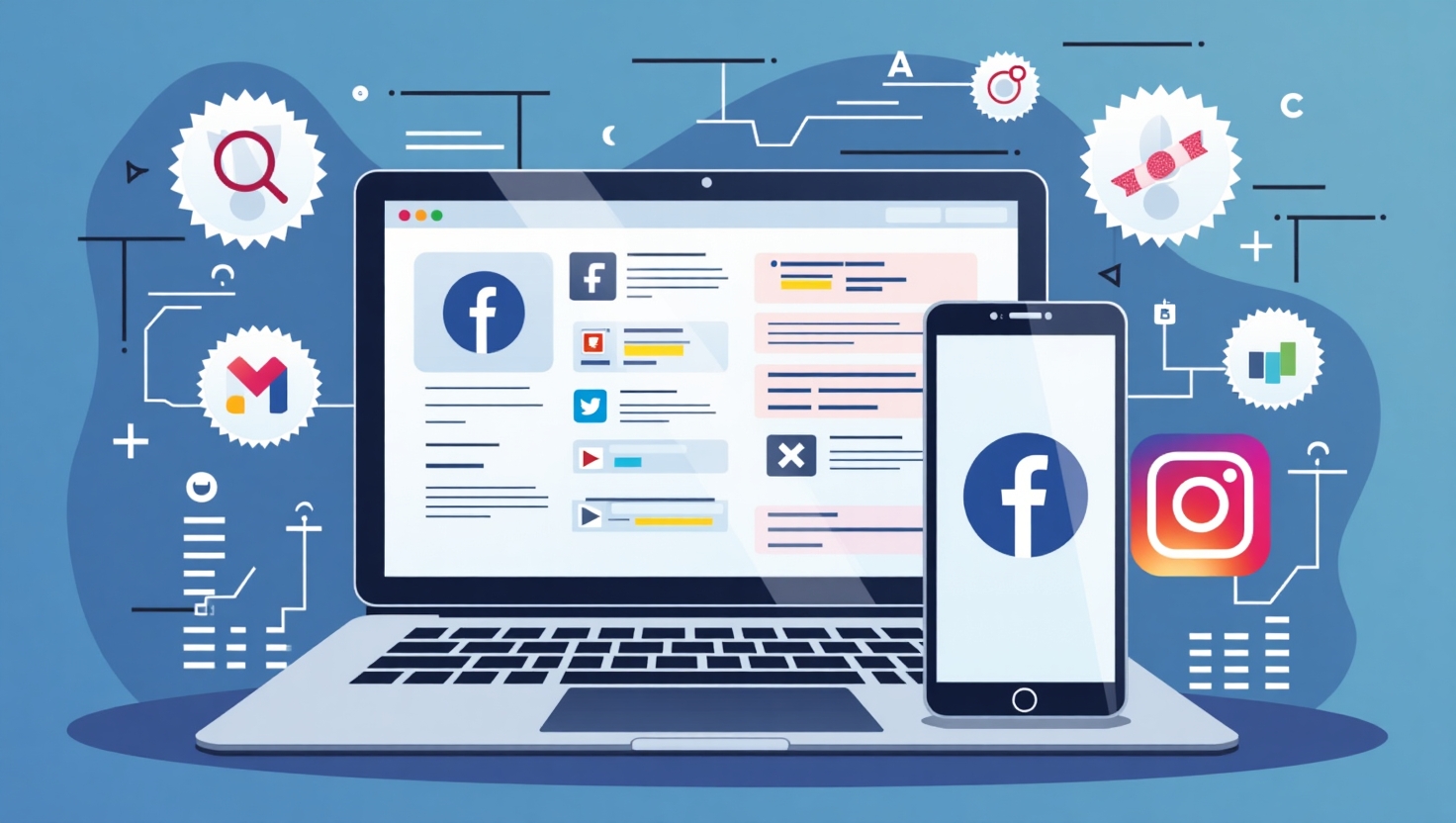 Meta révolutionne la transparence IA sur Facebook et Instagram : ce qui change pour les créateurs en 2026 Illustration détaillée en style semi-réaliste moderne montrant un smartphone et un ordinateur portable affichant les logos de Facebook et Instagram, entourés de badges d'IA en forme de timbres ou étiquettes, métaphorisant la transparence accrue. L'arrière-plan incorpore des éléments numériques comme des lignes de code, des flux d'informations, et des icônes de contenu généré par IA (images, vidéos, audio), dans une ambiance professionnelle et futuriste. La palette de couleurs s'inspire des couleurs de la marque FeedMaker (#54387D, #3E408D, #3C579D, #47C0B4, #58A17B, #80D07E, #A5DA6F, #E1A65F, #EFCA5E, #EBE263), avec un style clair, dynamique, et informatif, idéal pour transmettre l'enjeu stratégique et technologique autour de la transparence IA en 2026.