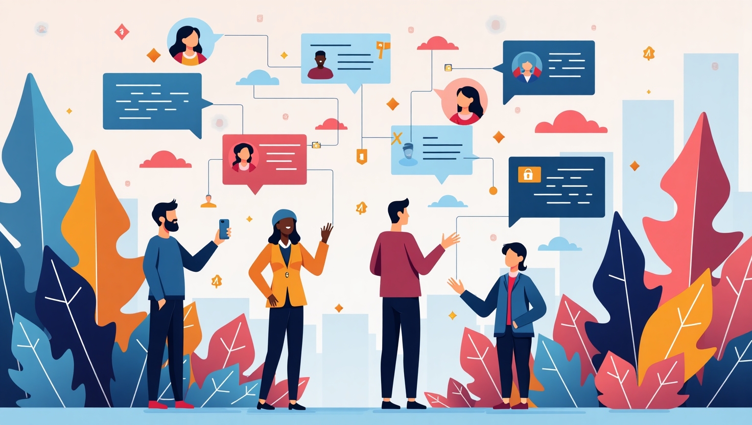 Baromètre Brandwatch 2026 : Les tendances qui redéfinissent les réseaux sociaux Illustration moderne et dynamique représentant une scène colorée de réseaux sociaux en plein essor, avec des micro-communautés fermées visibles via des icônes de groupes et chat, des micro-influenceurs engagés avec des followers, et des formats innovants comme des Reels interactifs et vidéos courtes sous 15 secondes. Inclure des éléments évoquant TikTok, Instagram, LinkedIn, avec des chiffres clés comme 3 milliards d'utilisateurs et des graphiques de croissance, dans un style flat design vibrant, utilisant une palette de couleurs inspirée de FeedMaker (#54387D, #3E408D, #3C579D, #47C0B4, #58A17B, #80D07E, #A5DA6F, #E1A65F, #EFCA5E, #EBE263), en format paysage pour une illustration engageante et stratégique.