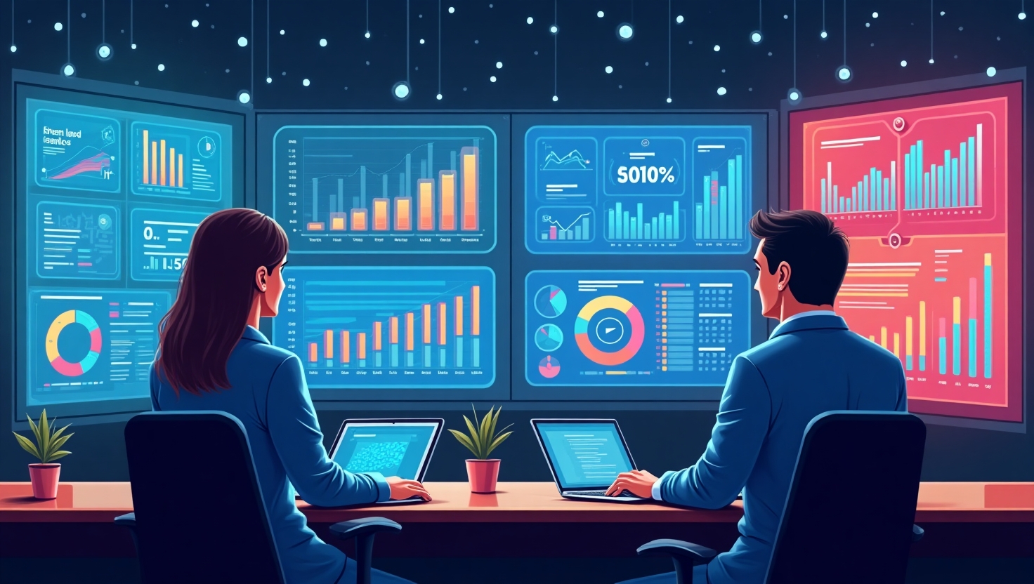 Illustration professionnelle en style semi-réaliste représentant un marketeur devant un tableau de bord futuriste avec des graphiques et des données d'audience en hologrammes colorés, intégrant des éléments numériques avancés comme des cibles hypersegmentées et des flux de données en temps réel. L'ambiance doit être high-tech, dynamique, et éducative, avec une palette de couleurs inspirée de FeedMaker (#54387D, #3E408D, #3C579D, #47C0B4, #58A17B, #80D07E, #A5DA6F, #E1A65F, #EFCA5E, #EBE263), mettant en valeur la sophistication de l'intelligence artificielle dans la publicité digitale de 2026. Format paysage, style illustratif net, professionnel et pédagogique.