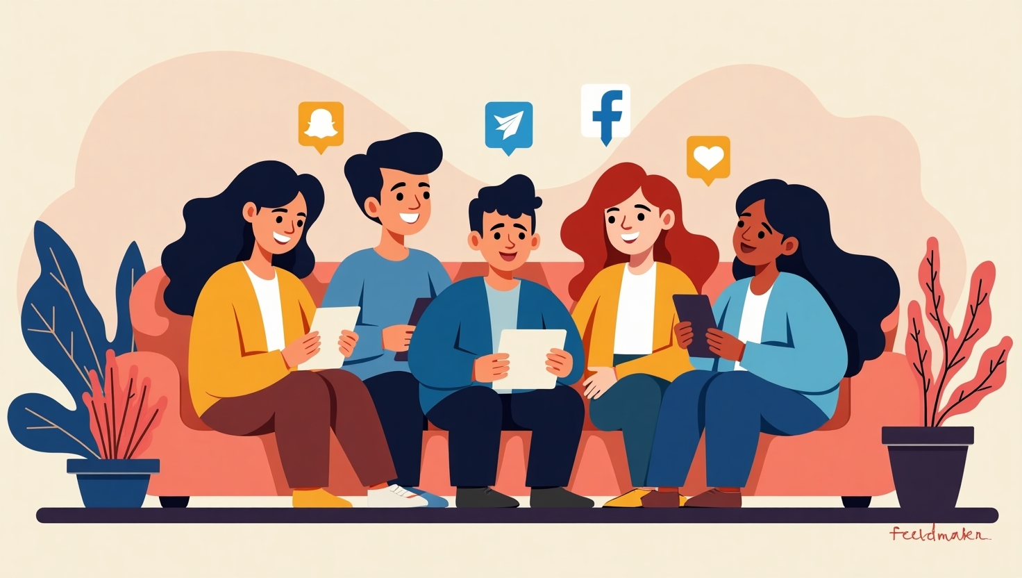 Micro-communautés et UGC authentique : les clés des réseaux sociaux en 2026 Illustration réaliste ou semi-réaliste montrant un groupe diversifié de personnes interagissant dans de petites communautés intimes sur leurs appareils (smartphones, ordinateurs), avec des éléments visuels évoquant des plateformes comme Discord, Telegram, Facebook Groups ou LinkedIn, dans un environnement chaleureux et convivial. L'image doit transmettre une ambiance d'authenticité, de proximité et de connexion sincère, avec des expressions faciales engageantes et naturelles. Utilisez une palette de couleurs inspirée de la marque FeedMaker (#54387D, #3E408D, #3C579D, #47C0B4, #58A17B, #80D07E, #A5DA6F, #E1A65F, #EFCA5E, #EBE263). Style moderne, pédagogique et inspirant, représentant l’évolution vers une nouvelle ère de relations sociales authentiques et engagées, dans un format carré adapté à la plateforme.