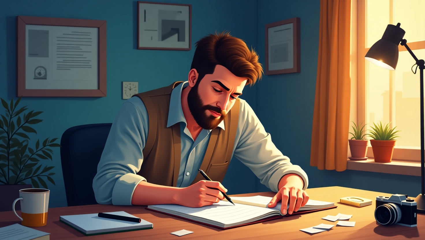 Illustration sophistiquée en style réaliste ou semi-réaliste représentant un créateur de contenu concentré, travaillant sur un projet long et réfléchi, entouré d'éléments évoquant la profondeur et l'authenticité comme un carnet, une caméra, des notes manuscrites, et un éclairage chaleureux. L’ambiance doit évoquer la patience, la réflexion et la qualité, avec une palette de couleurs inspirée des tons FeedMaker (#54387D, #3E408D, #3C579D, #47C0B4, #58A17B, #80D07E, #A5DA6F, #E1A65F, #EFCA5E, #EBE263). Style épuré, avec une composition équilibrée et une atmosphère inspirante, adaptée à une visualisation de tendances novatrices dans la création de contenu digitale.